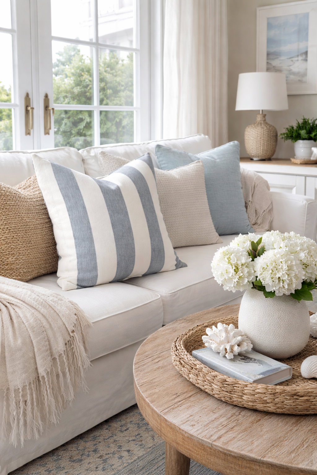 coastal striped cushion on a white sofa