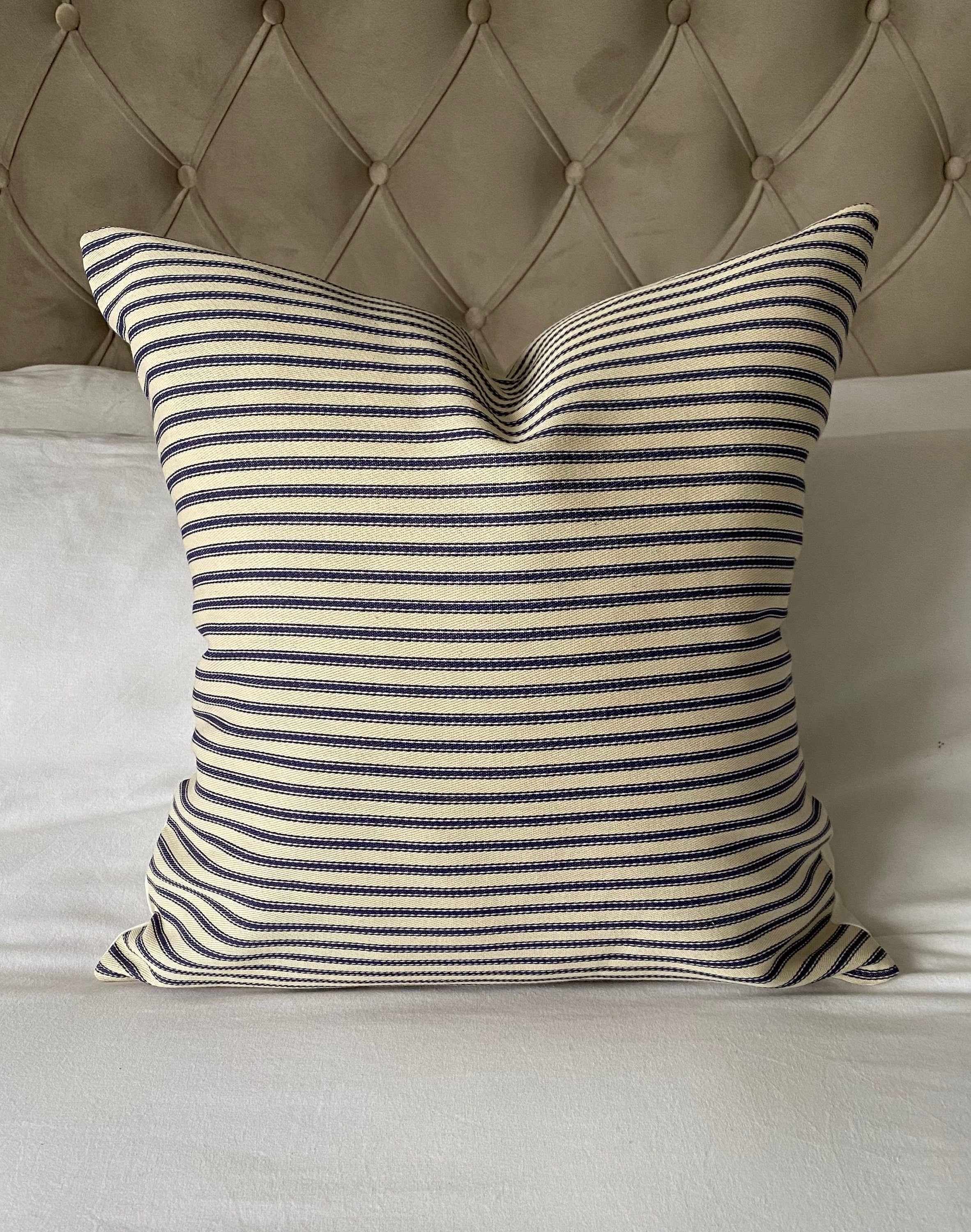 Blue Striped Ticking Cushion Cover: Handmade Nautical Pillow