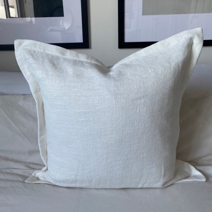 Off White linen cushion cover with oxford edging: neutral farmhouse textiles