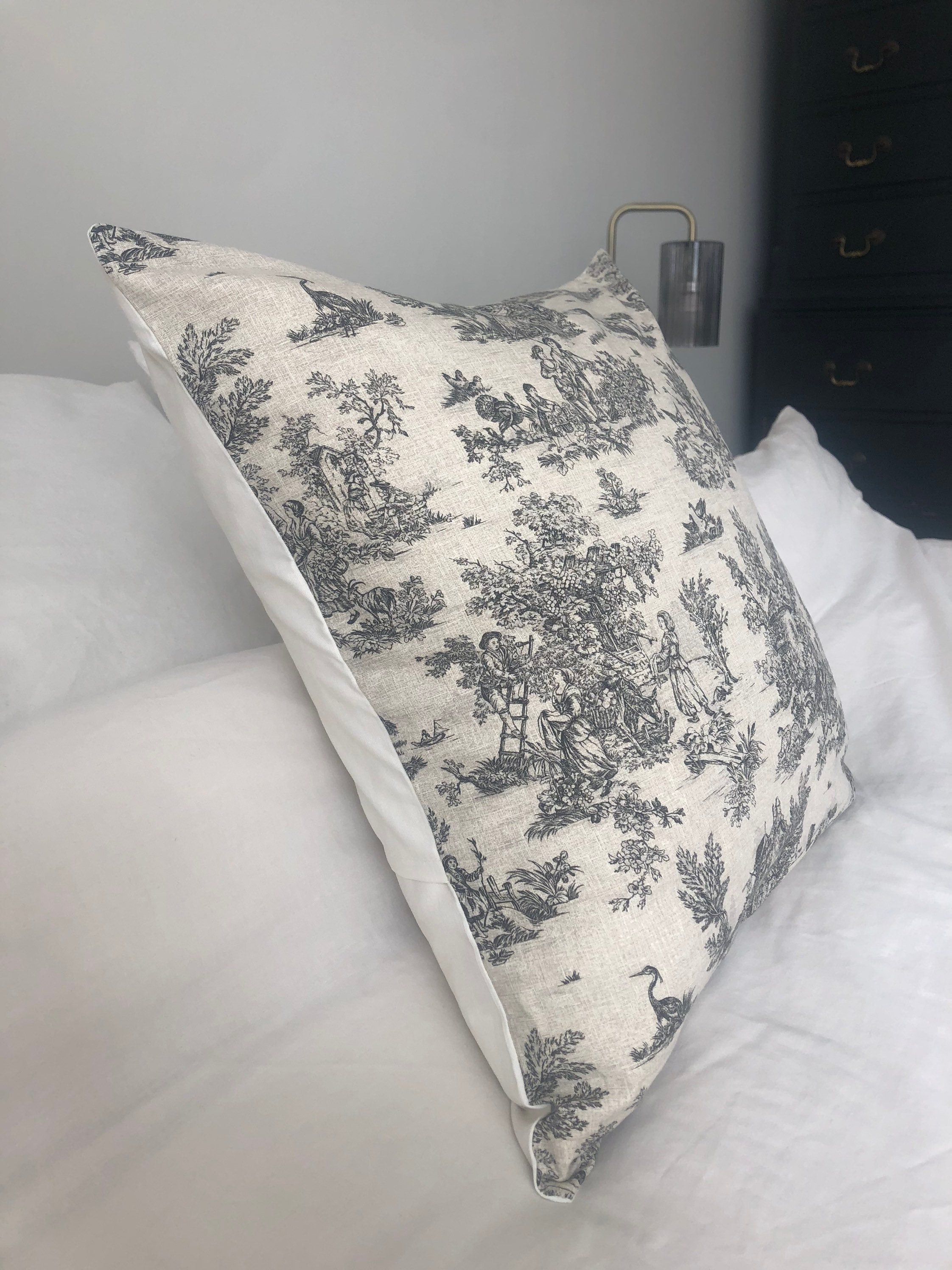 French farmhouse cushion cover, in anthracite grey toile de jouy cotton fabric