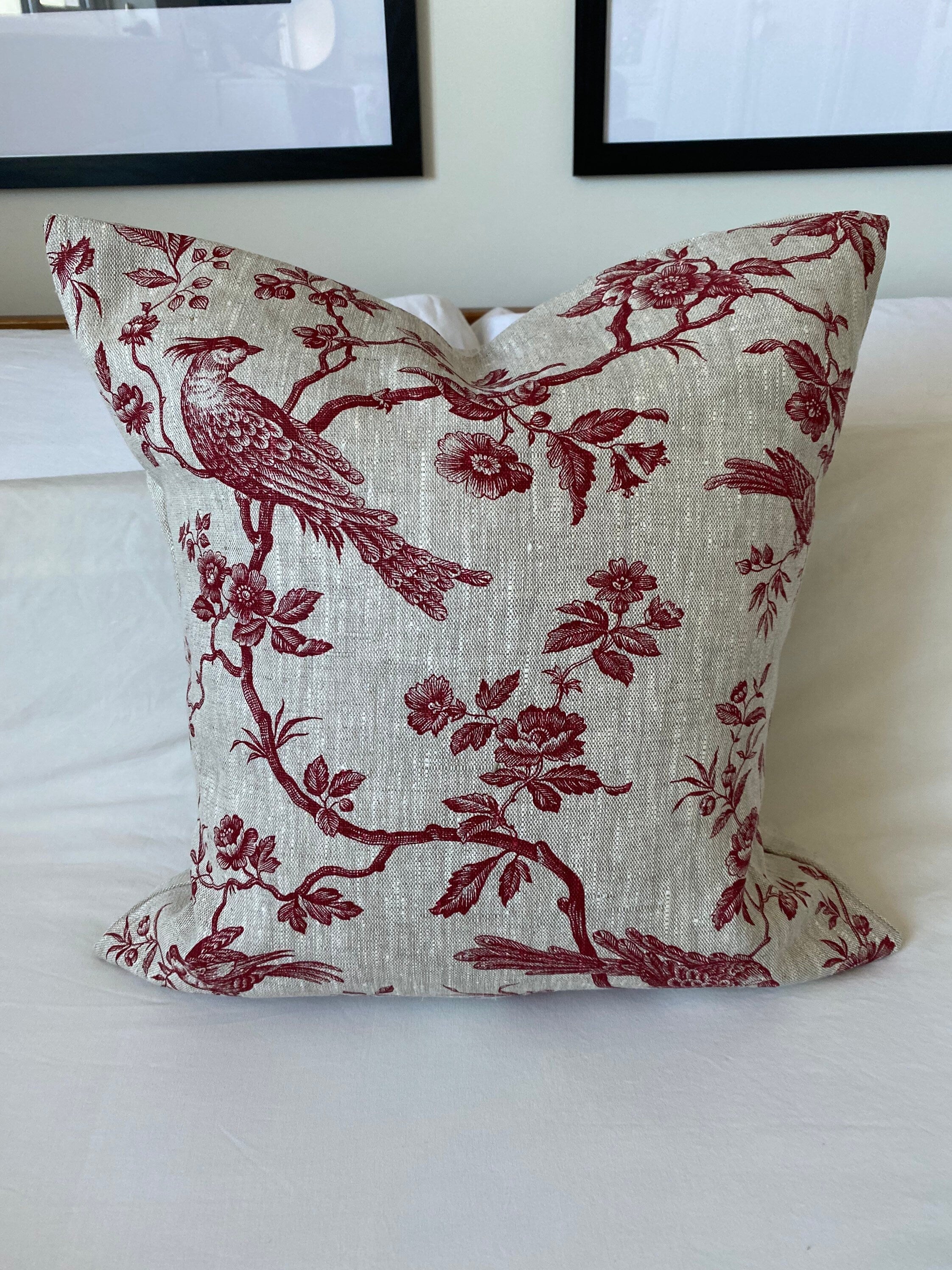 French Toile de Jouy Linen Pillow Cover, red Vintage Farmhouse Decor