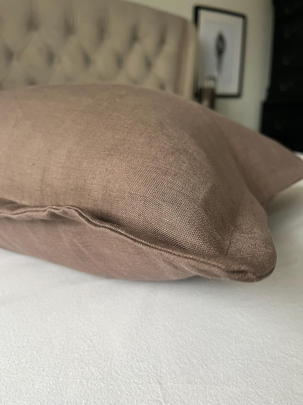 Mocha brown pillow cover within oxford edging, neutral linen cushion cover