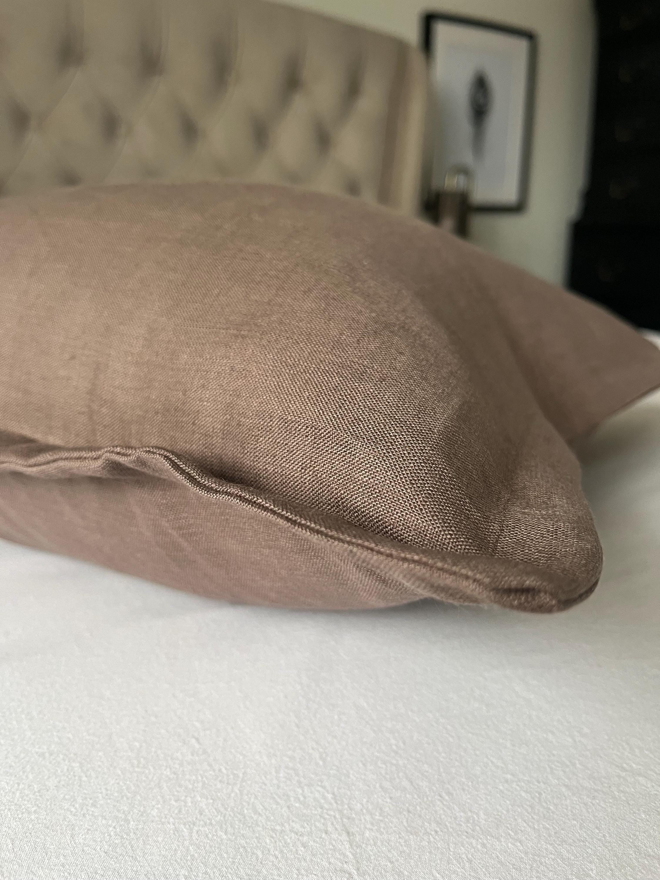 Mocha brown pillow cover within oxford edging, neutral linen cushion cover