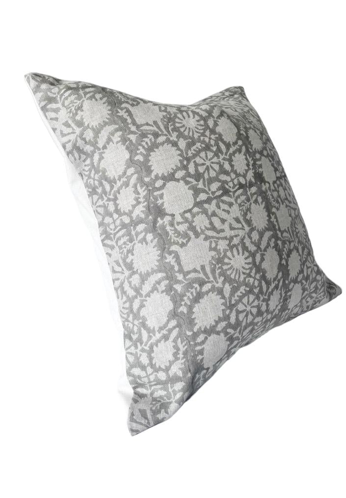 Grey floral block print pillow cover, patterned gray cushion cover
