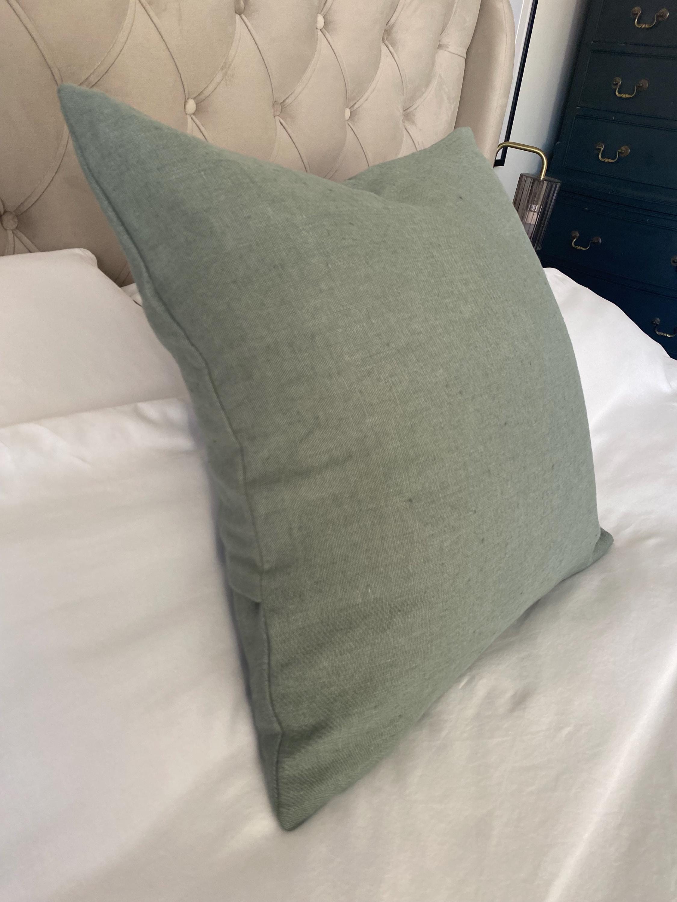 Sage Green Eurorean linen cushion covers, with an envelope reverse