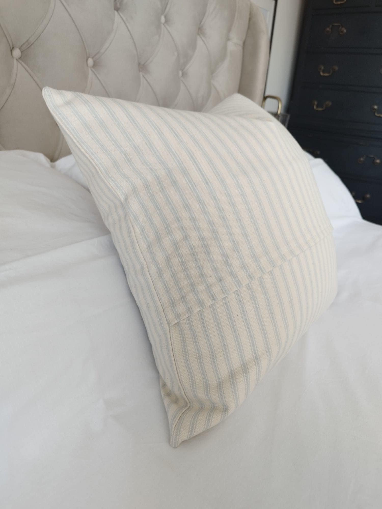 Farmhouse cushion covers, light powder blue stripe ticking pillows,