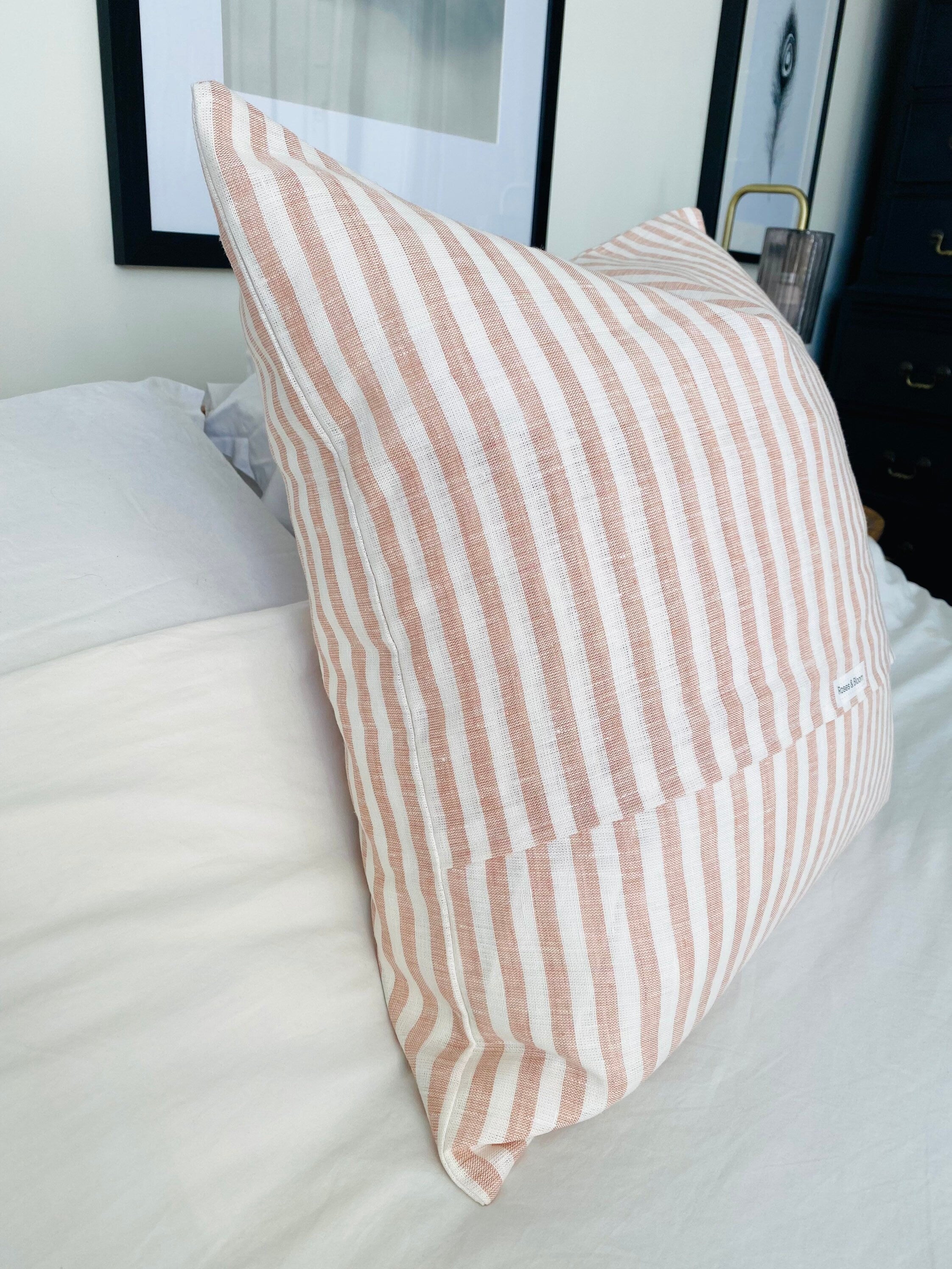 Striped pink throw pillow cover, blush pink linen pillow, french ticking throw pillow, extra large cushion covers, pink nursery decor