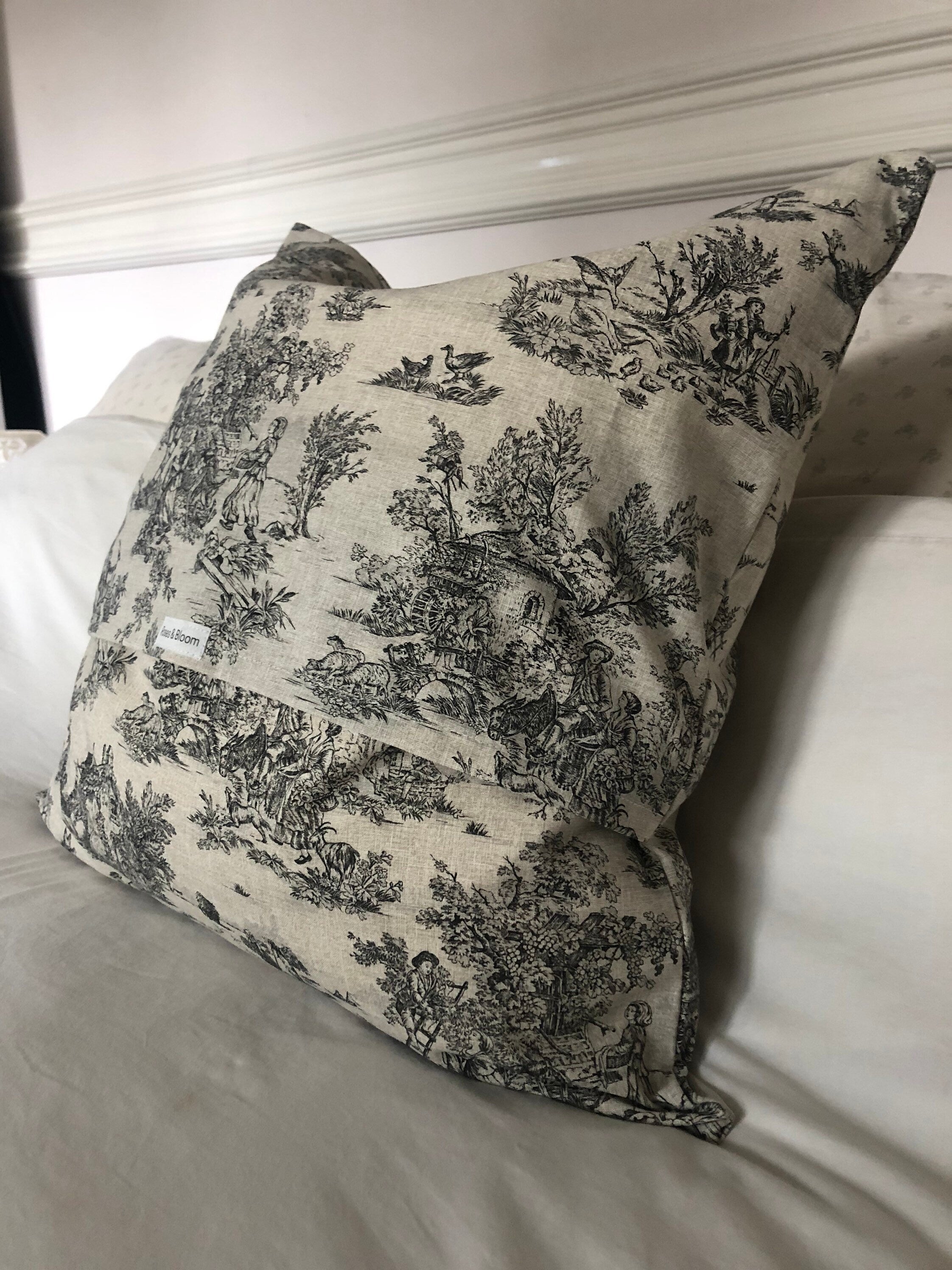 French Vintage Toile de Jouy Cushion Cover – Handmade Grey Pillow