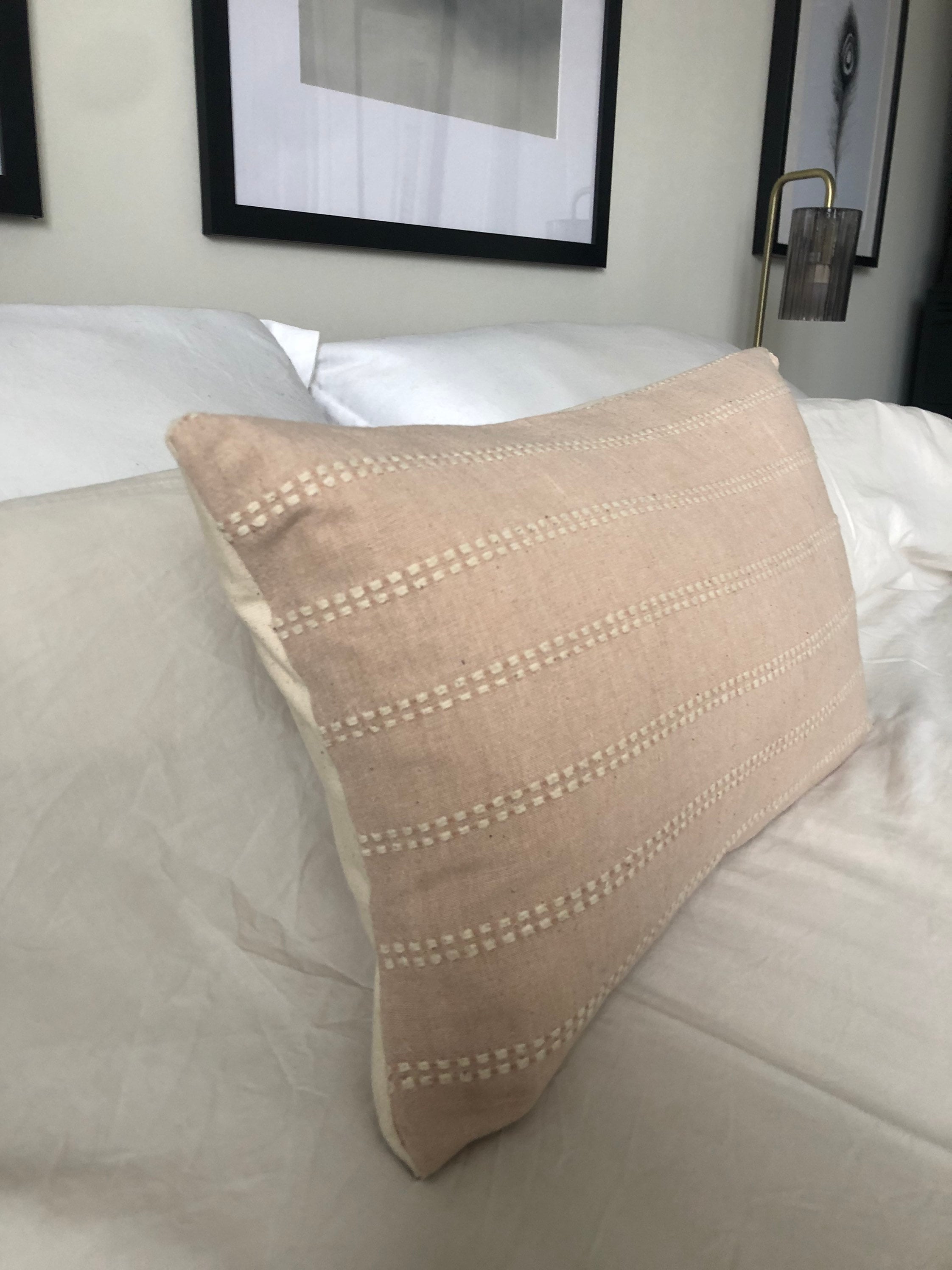 Blush Pink Bolster Pillow Cover, Neutral Stripe Organic Cotton Lumbar Cushion