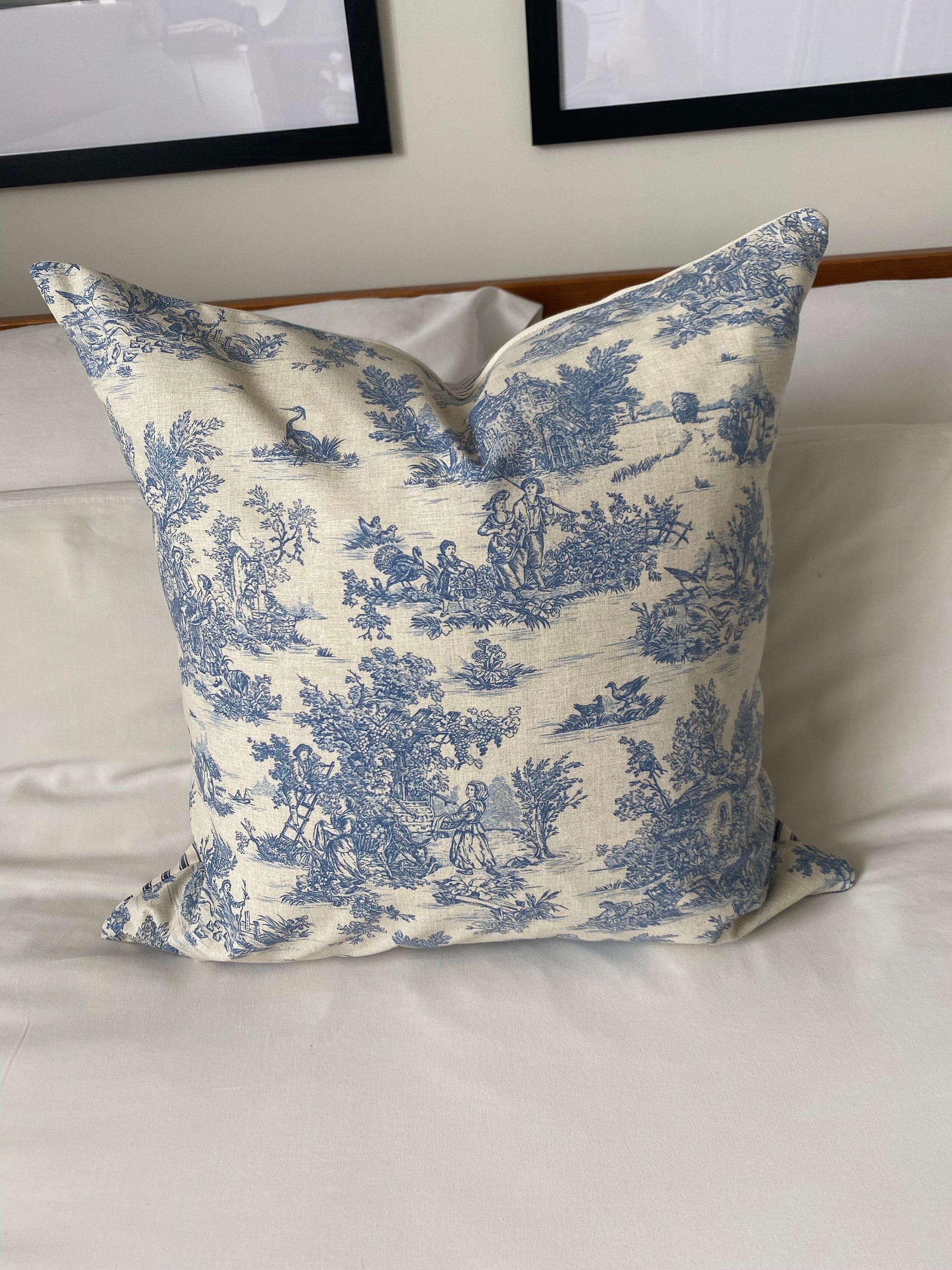 Vintage Toile de Jouy Cushion Cover: French Country Blue Striped Pillow