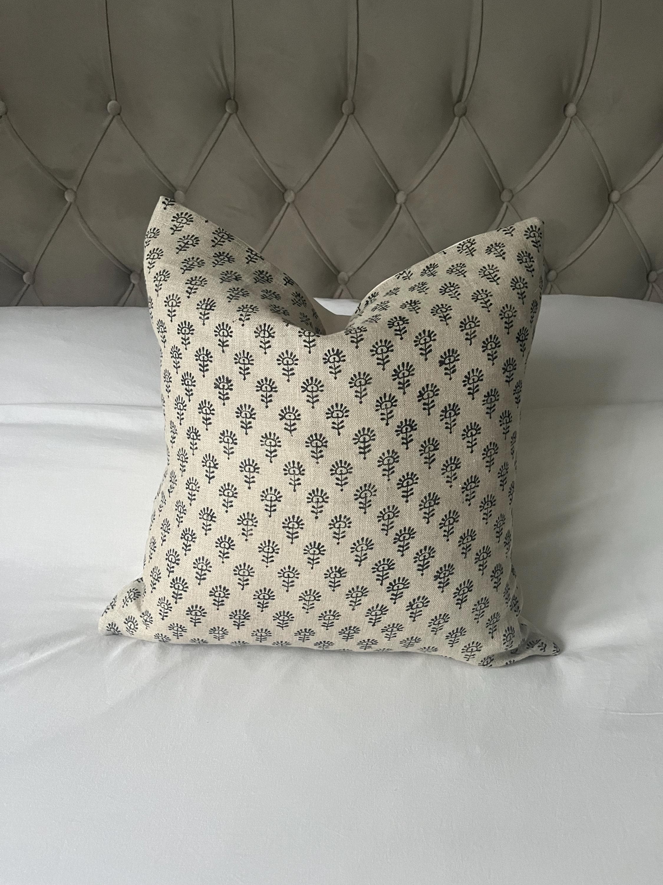 Beige Linen Block Print Pillow Cover: Neutral Bohemian Cushion