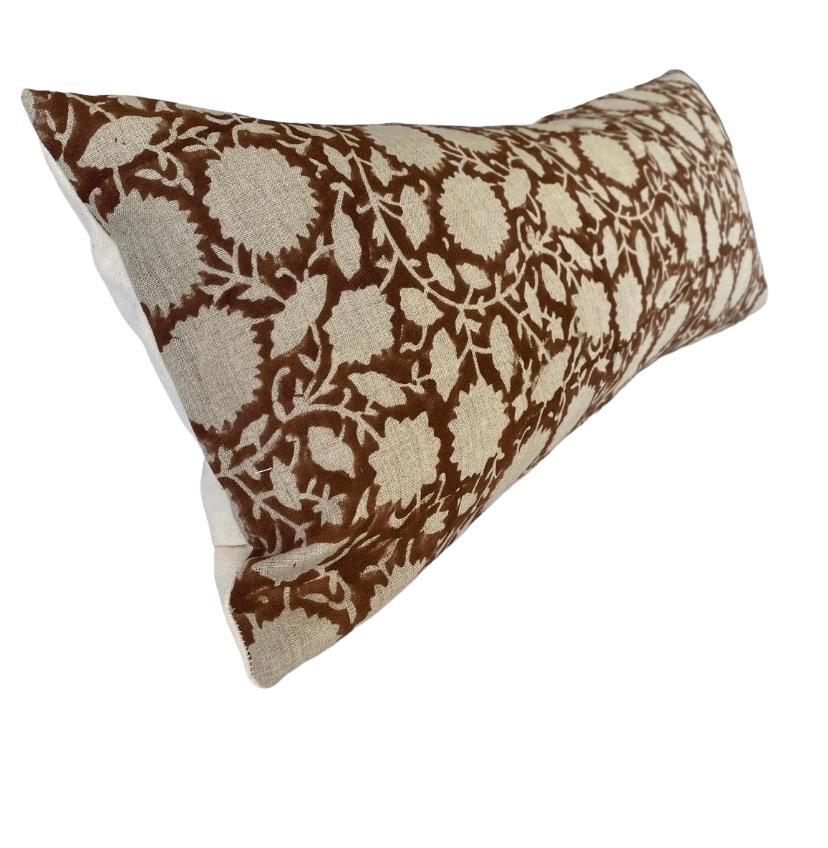 Brown block print bolster pillow cover, neutral home decor