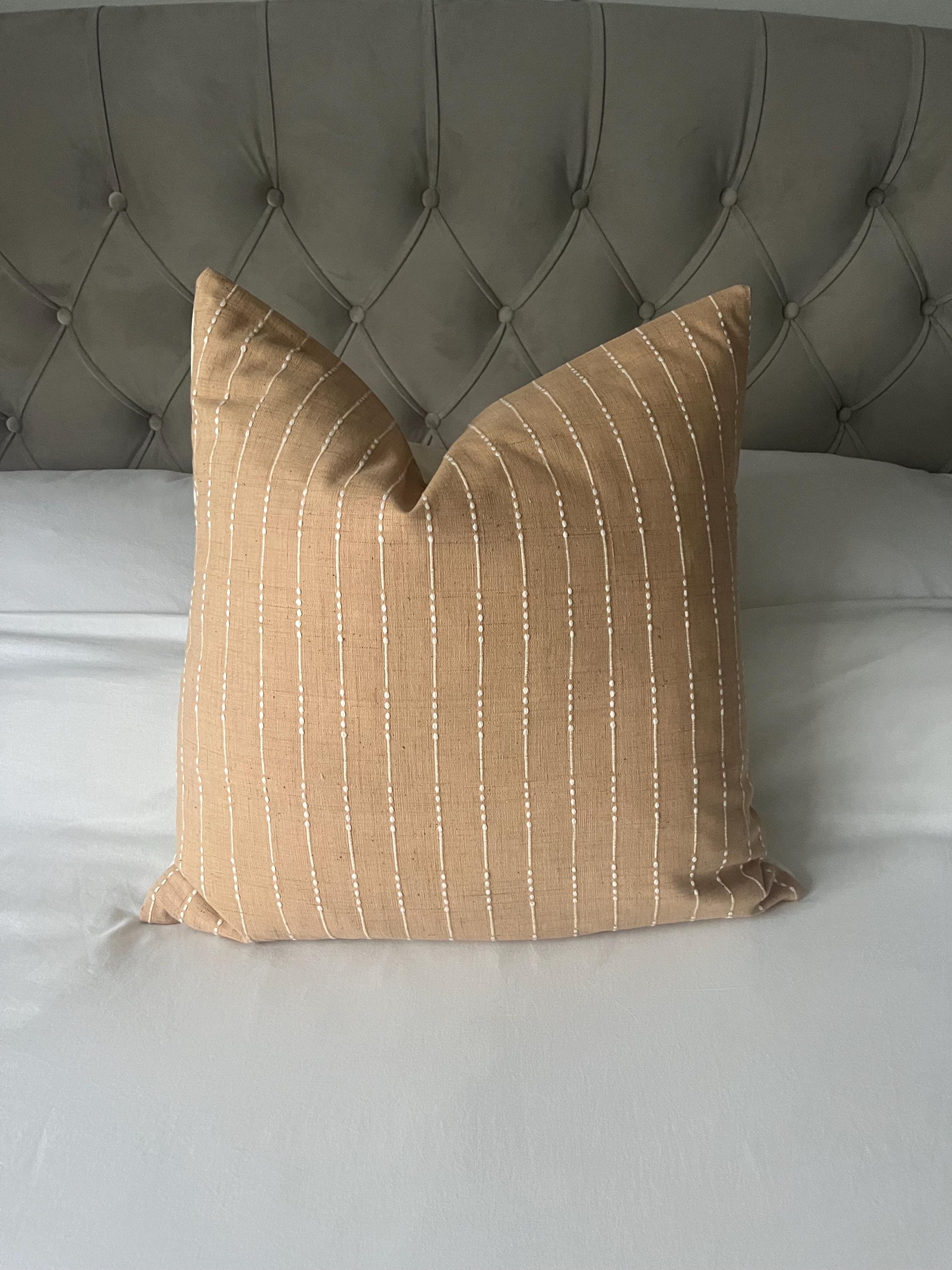 Caramel tan brown striped pillow cover: organic cotton envelope reverse