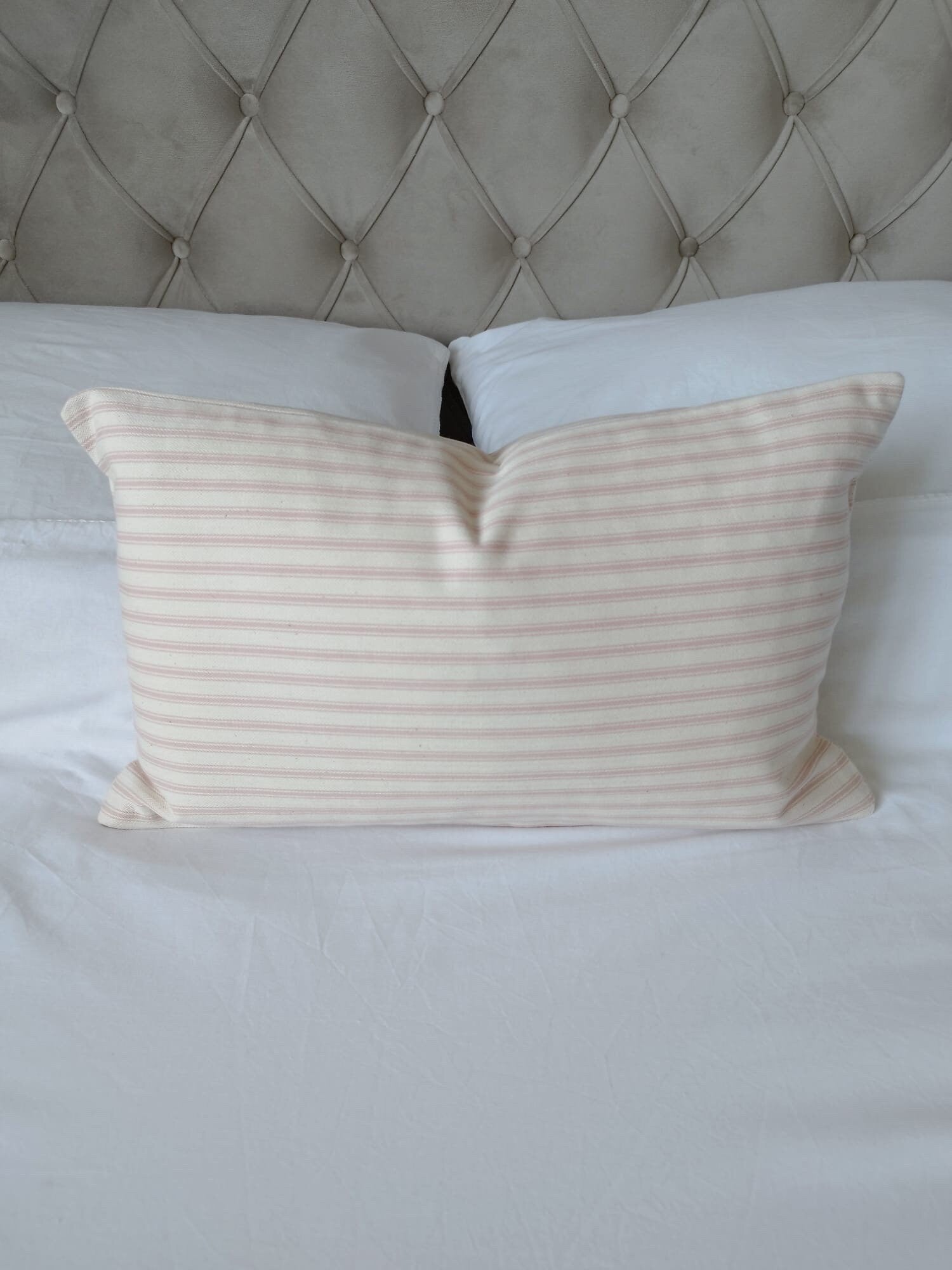 french Farmhouse cushion covers, pink blush stripe ticking pillows, bolster throws