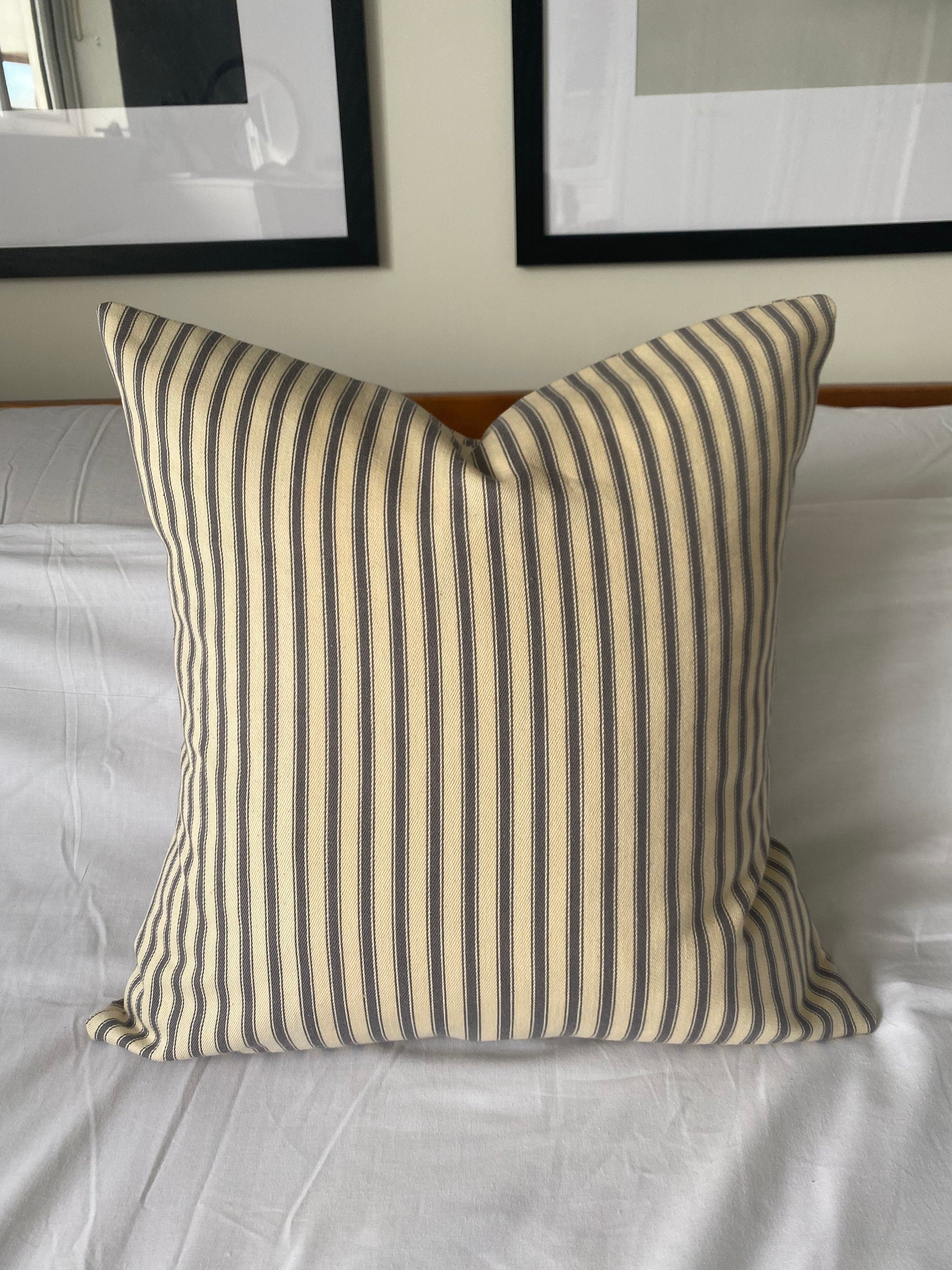 Grey Stripe Ticking Pillow Cover, French Country Farmhouse Cushion
