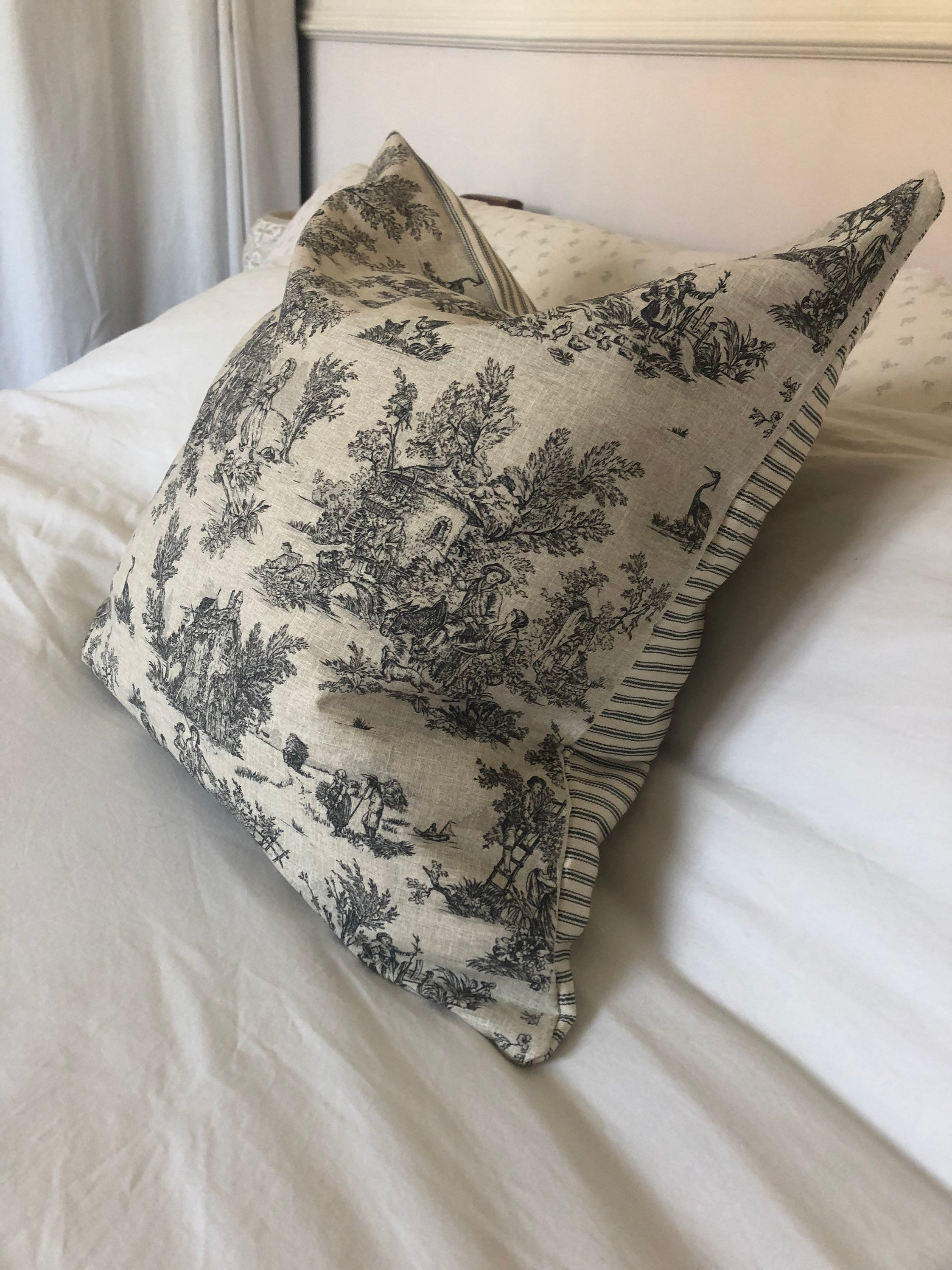 anthracite grey toile cushion covers, french farmhouse home decor