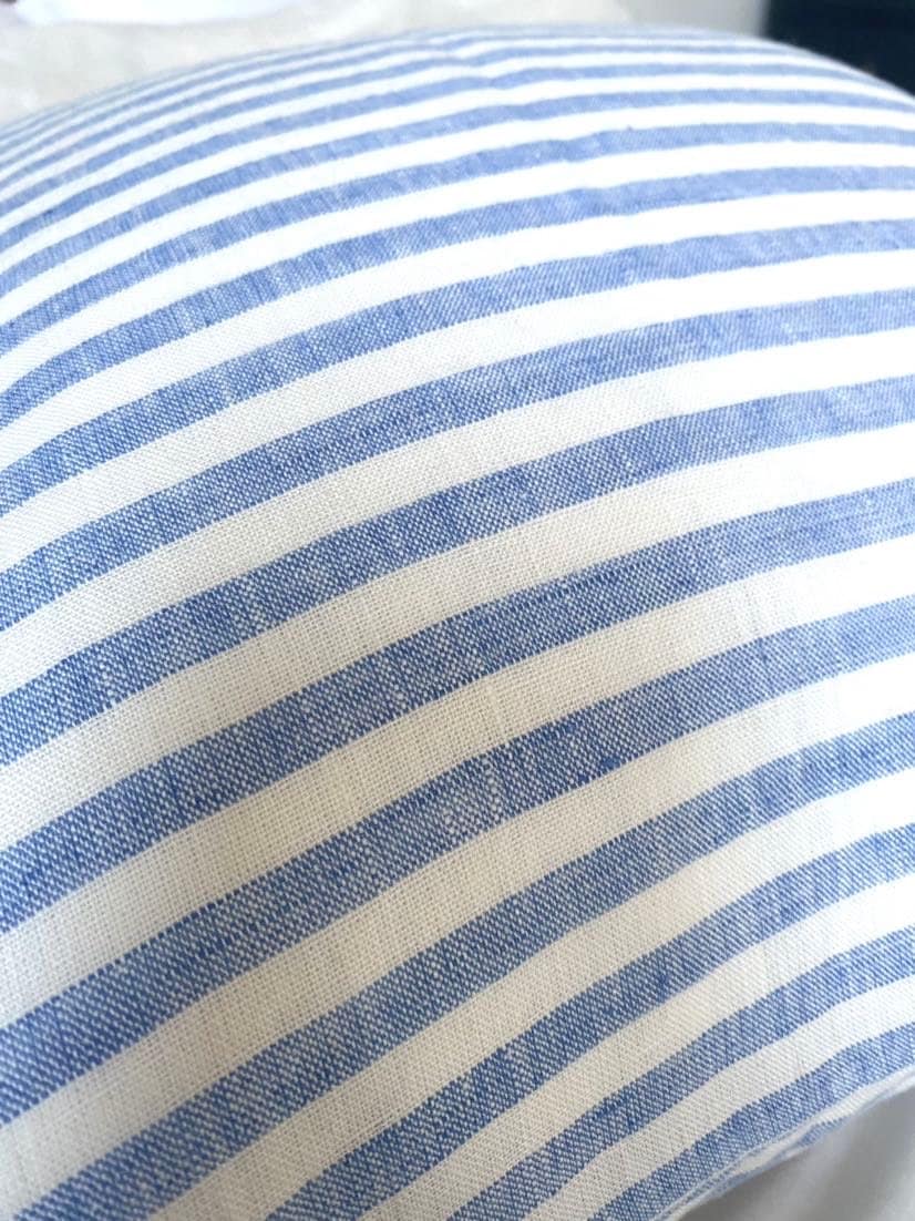 Striped blue throw pillow cover, stripe ticking linen cushion, french ticking throw