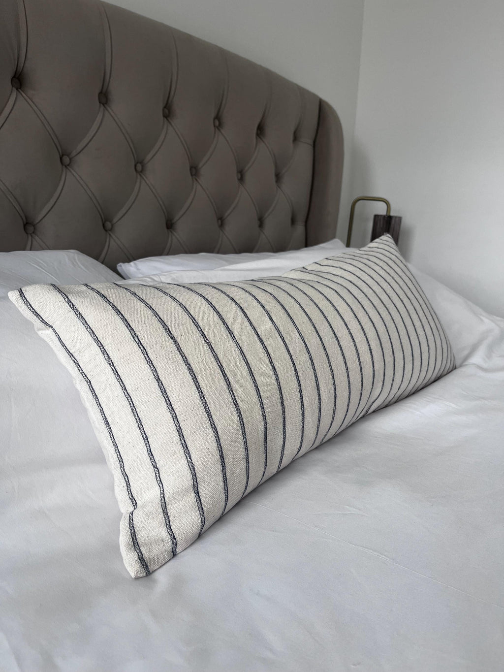 Neutral Stripe Bolster Pillow Cover, Dark Blue Bench Cushion
