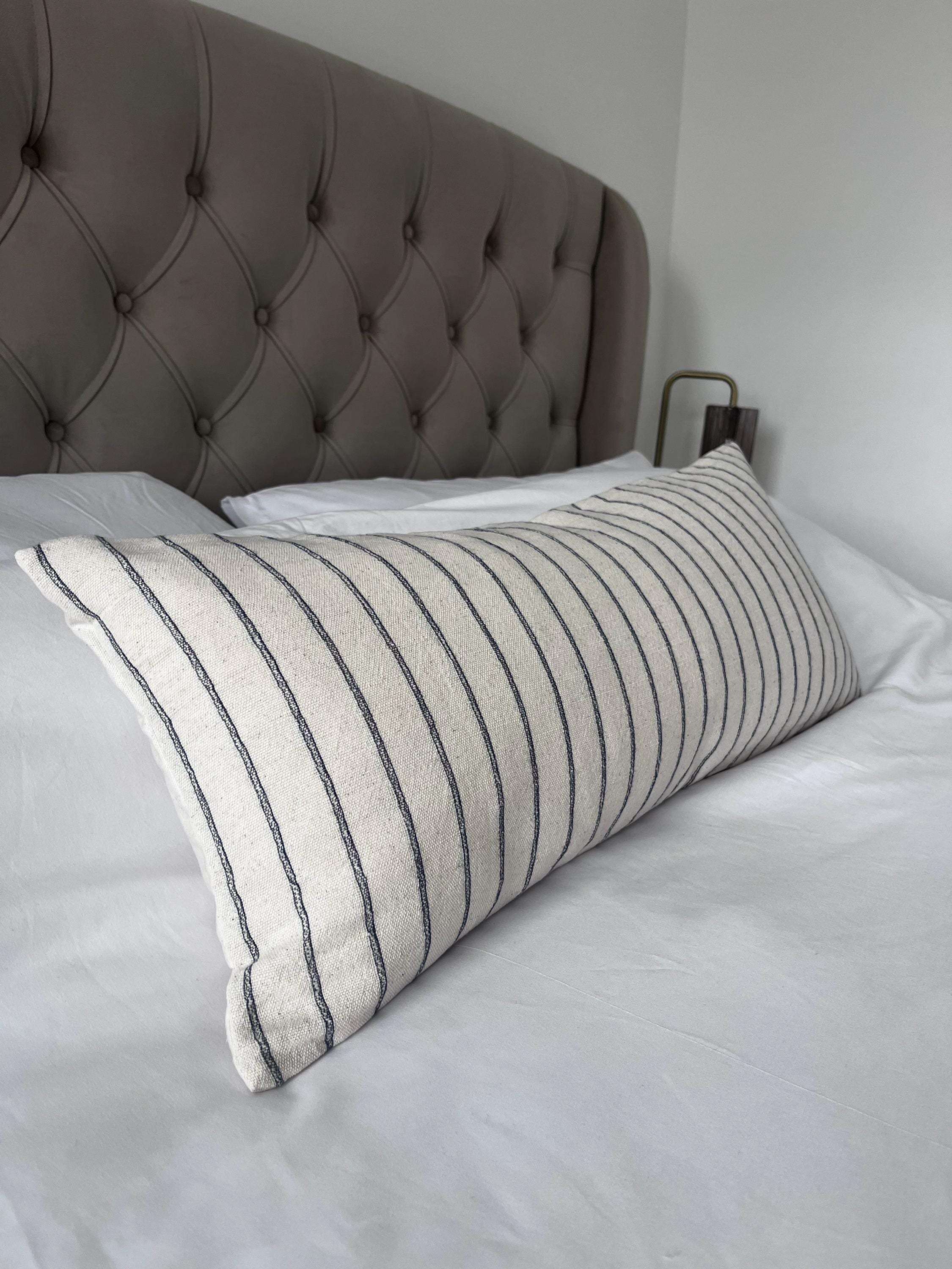 Neutral Stripe Bolster Pillow Cover, Dark Blue Bench Cushion