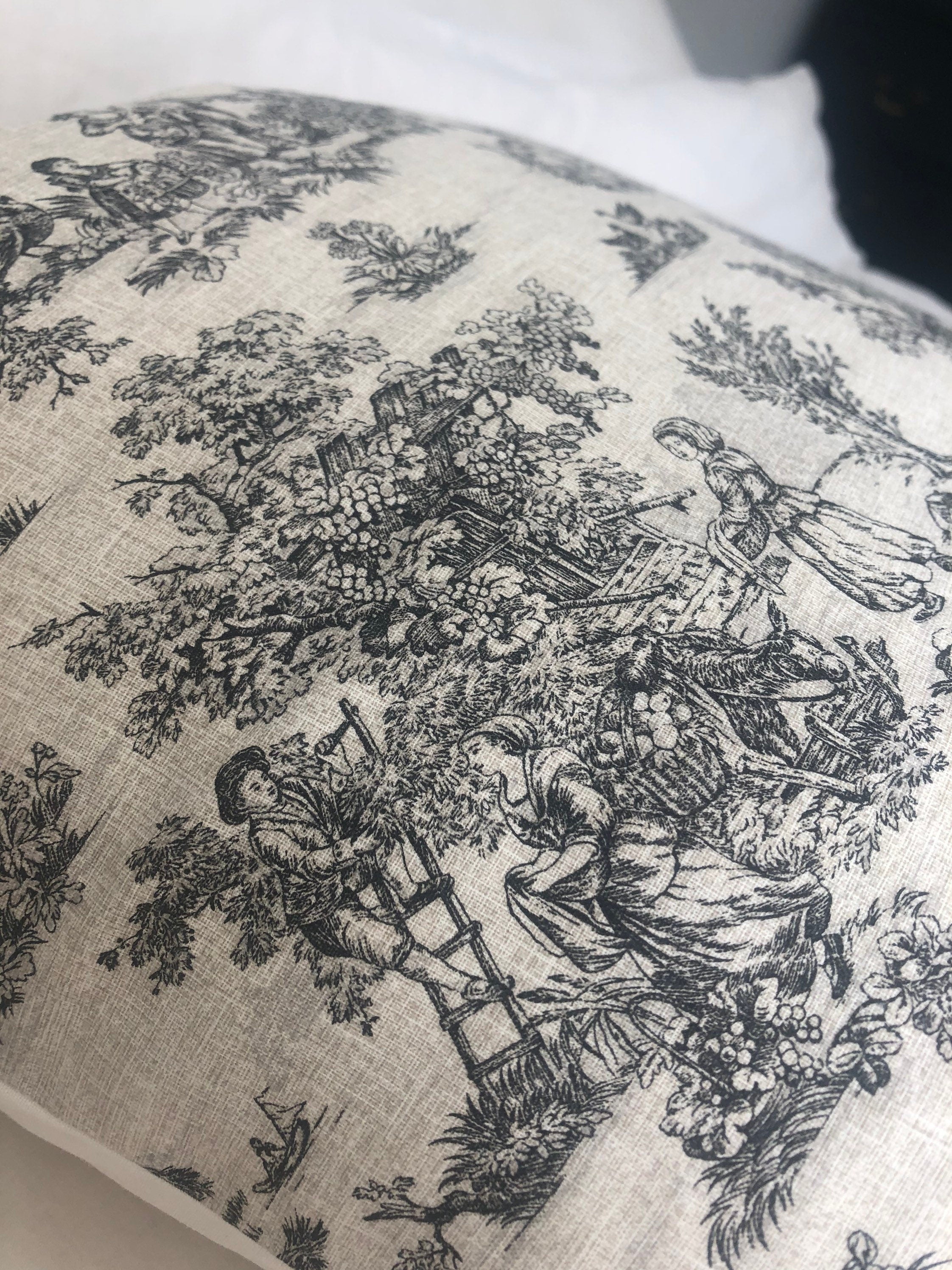 French farmhouse cushion cover, in anthracite grey toile de jouy cotton fabric