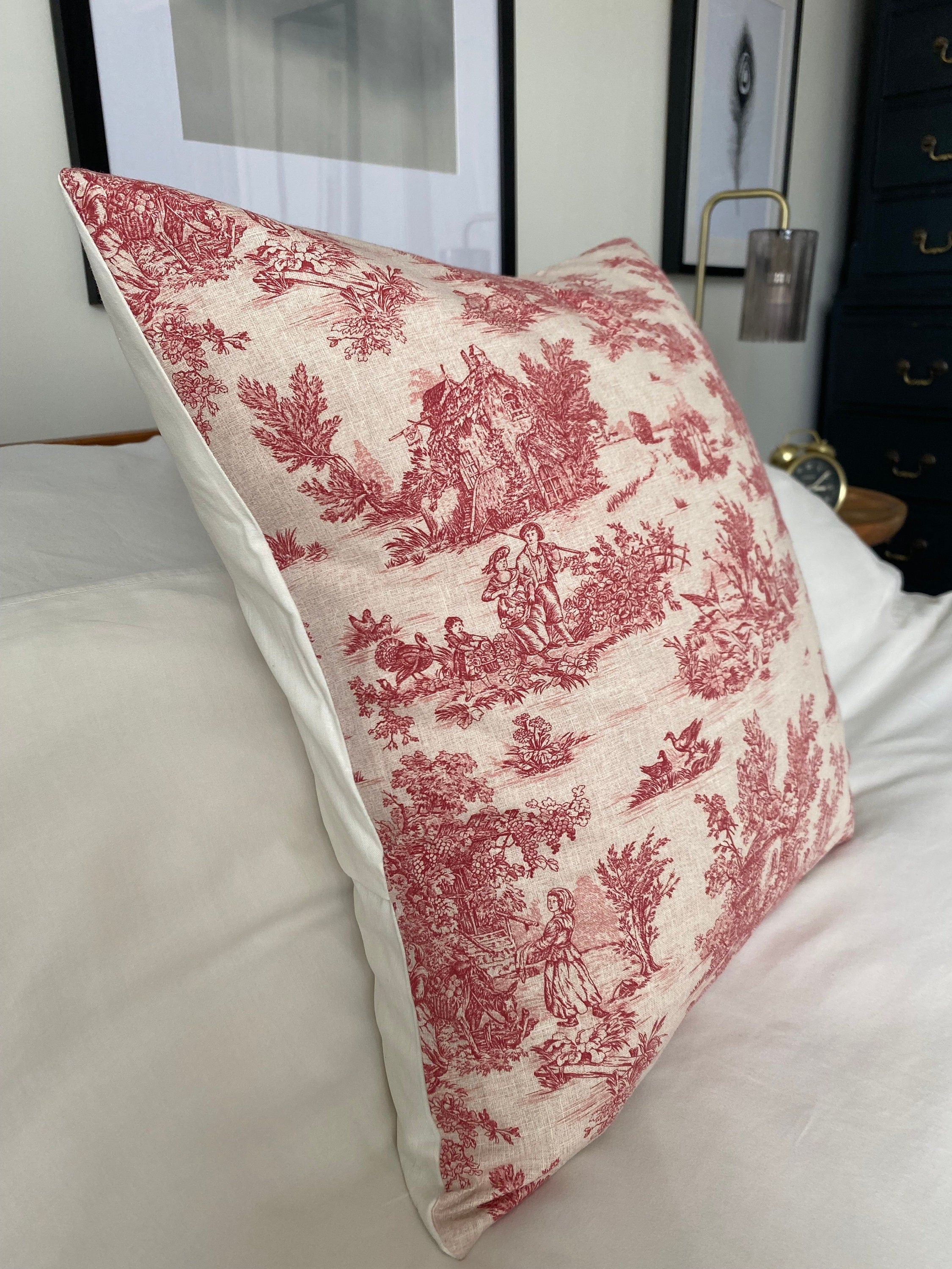 Toile de jouy french country pillow covers; red vintage cushions with an envelope reverse
