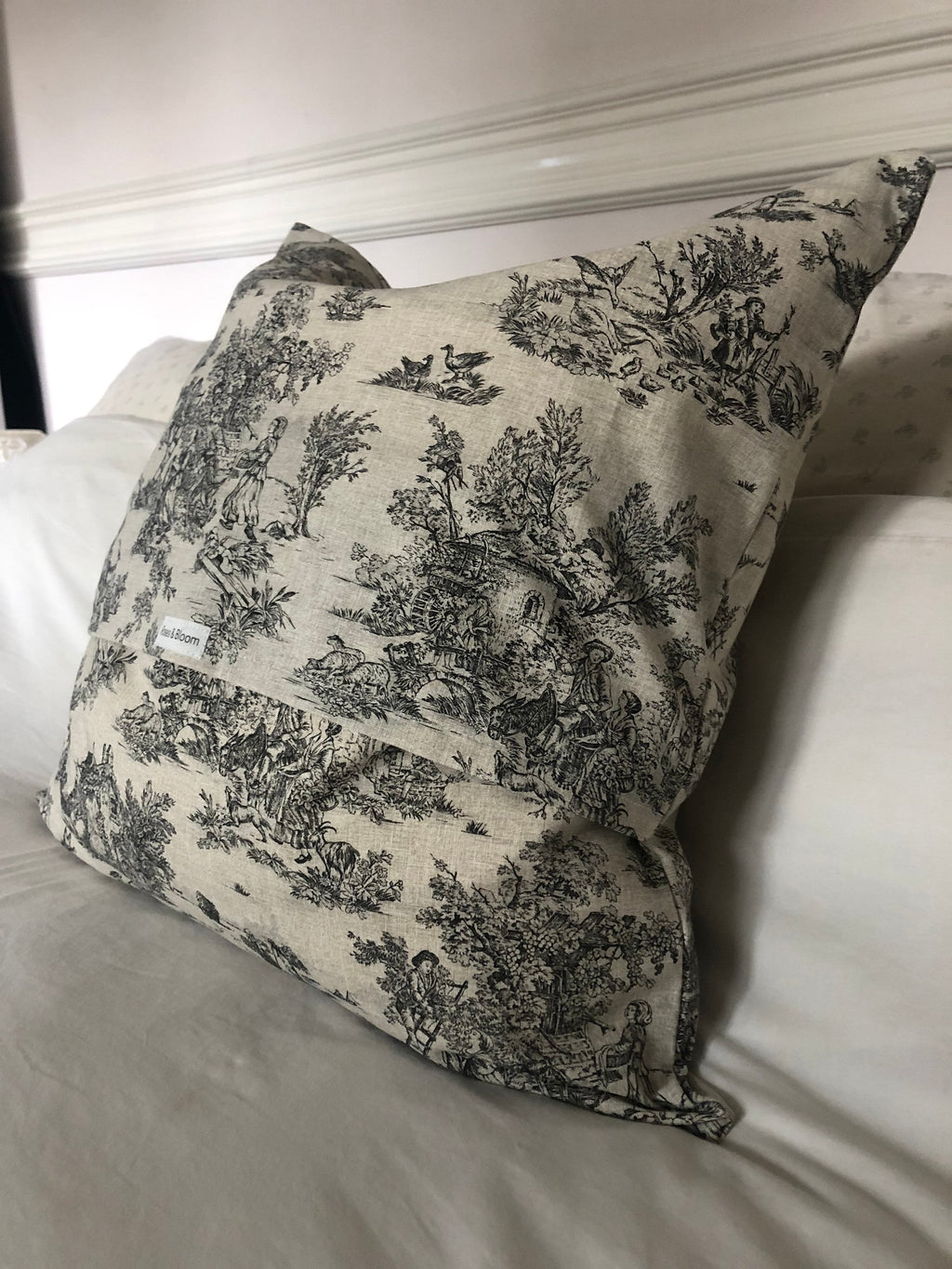 French Vintage Toile de Jouy Cushion Cover – Handmade Grey Pillow