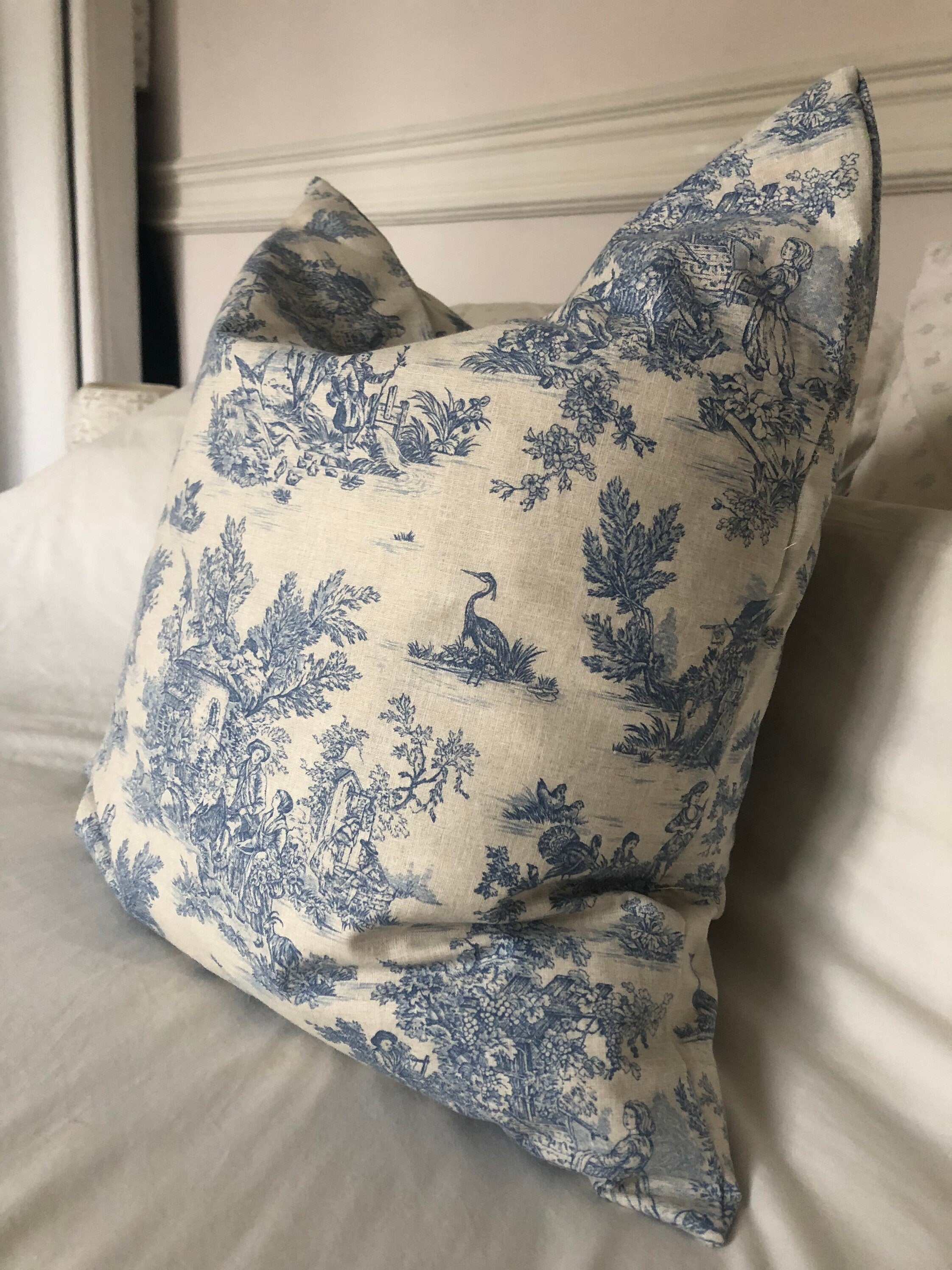 French country vintage cushion covers, blue toile de jouy bedding