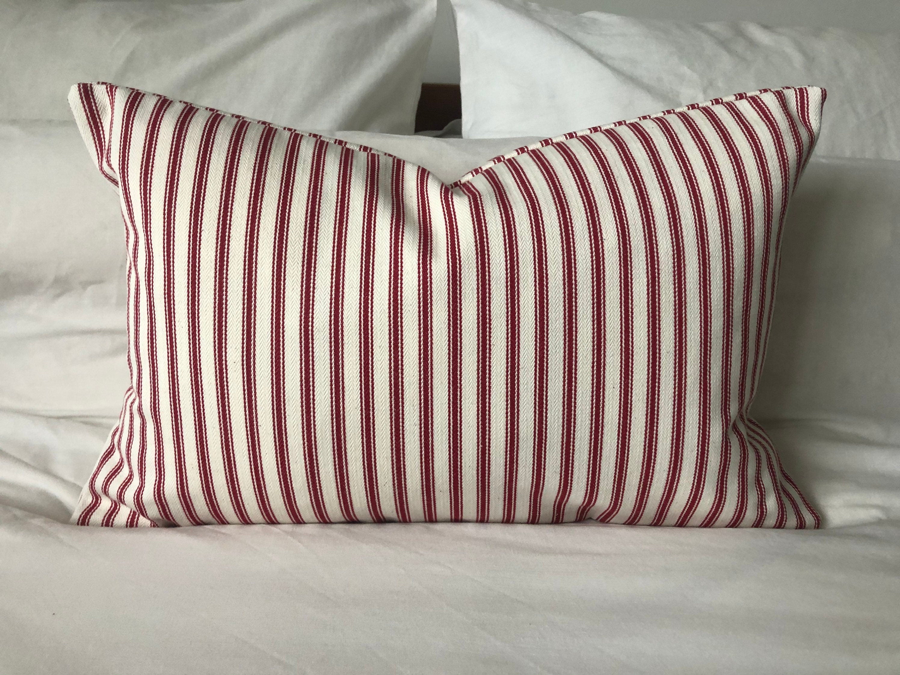 Red Ticking Stripe Cushion Cover – Envelope Back Cotton Pillow Case | Farmhouse & Rustic Decor