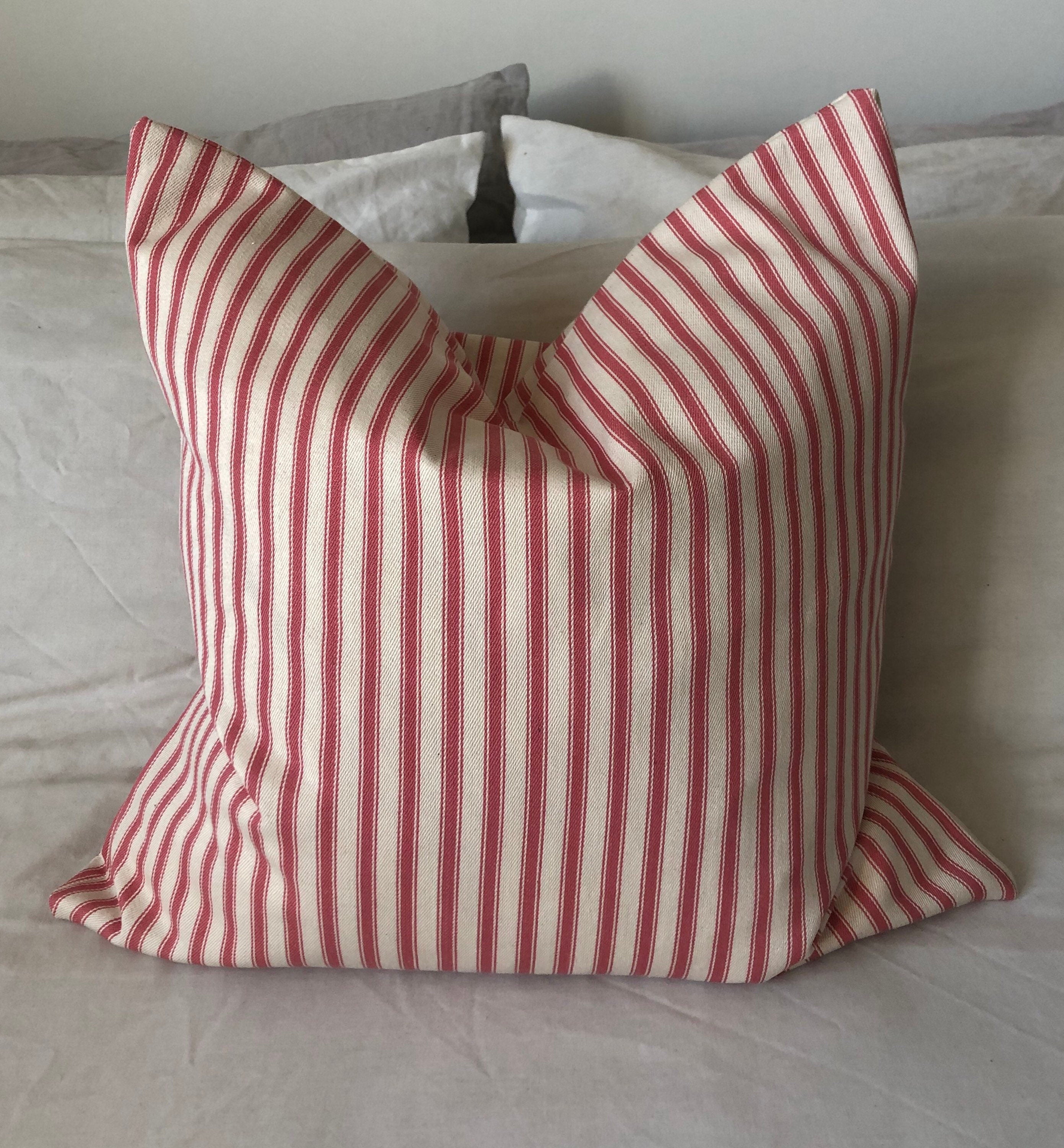 French Country Pillow Cover, Pink Ticking Stripe, Farmhouse Cushion