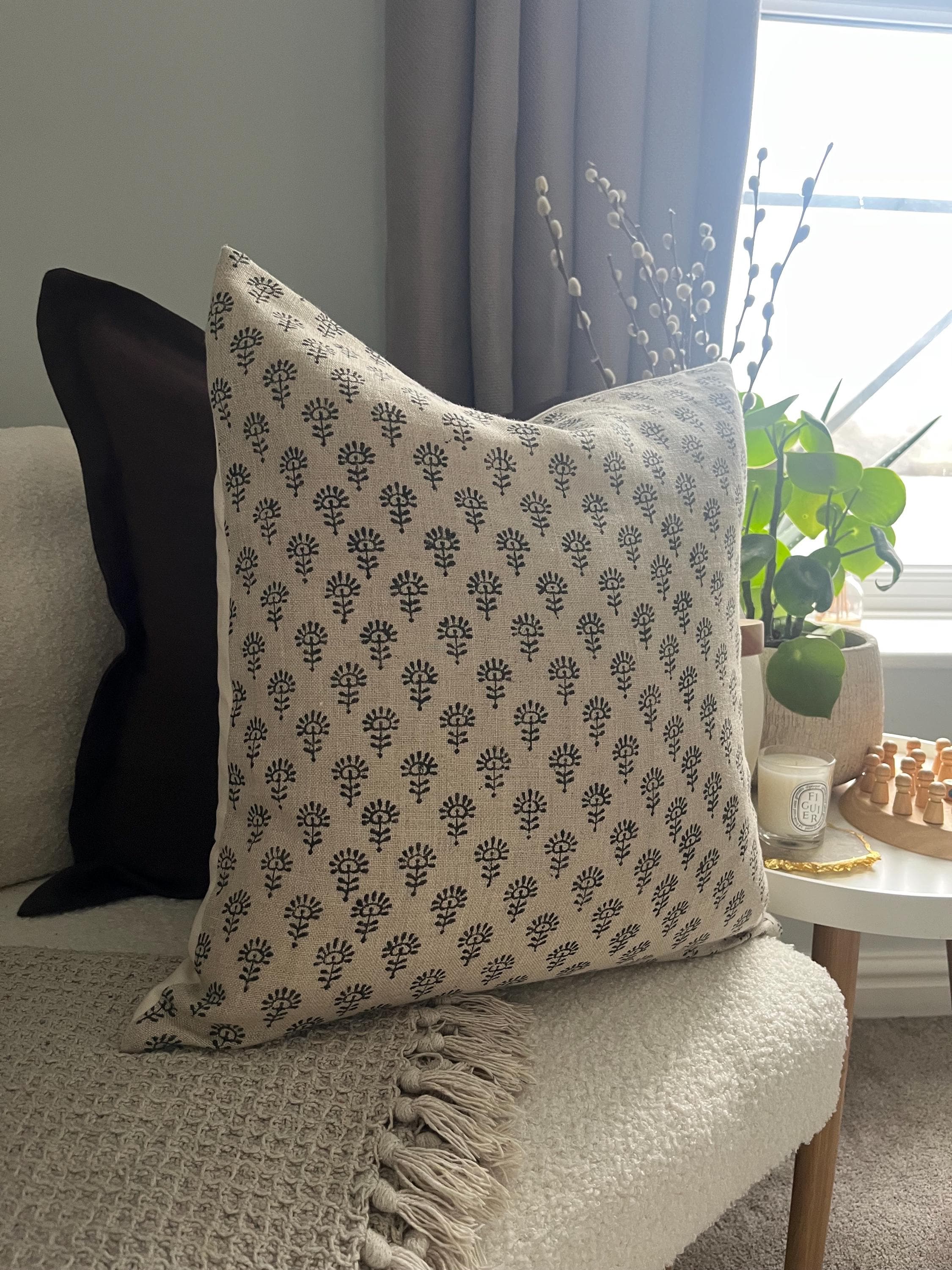 Beige Linen Block Print Pillow Cover: Neutral Bohemian Cushion