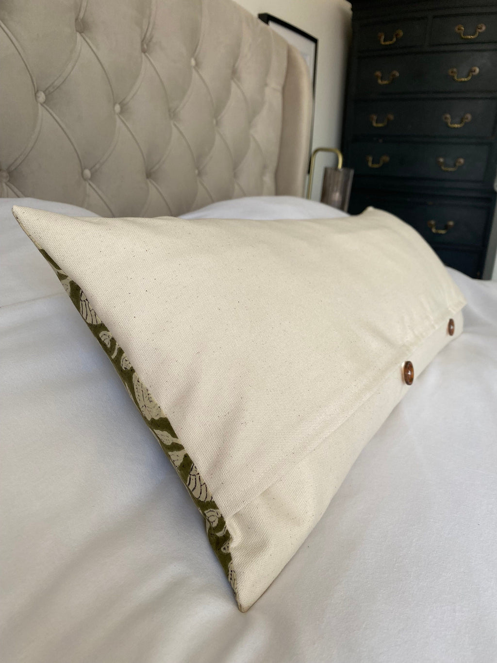 Block Print lumbar cushion cover; with organic cotton reverse