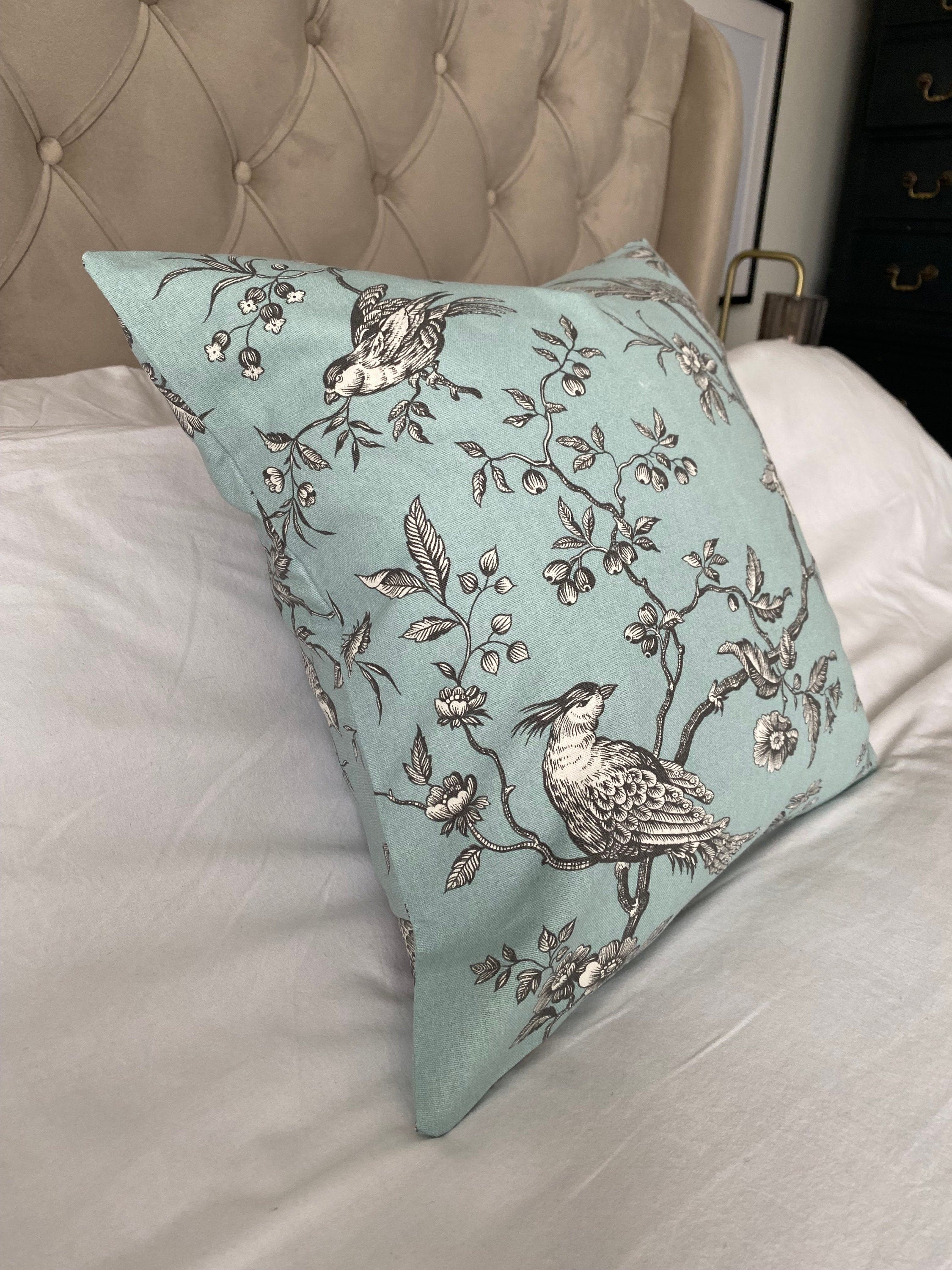 French Vintage Cushion Cover, Duck Egg Blue Bird Floral Pillow