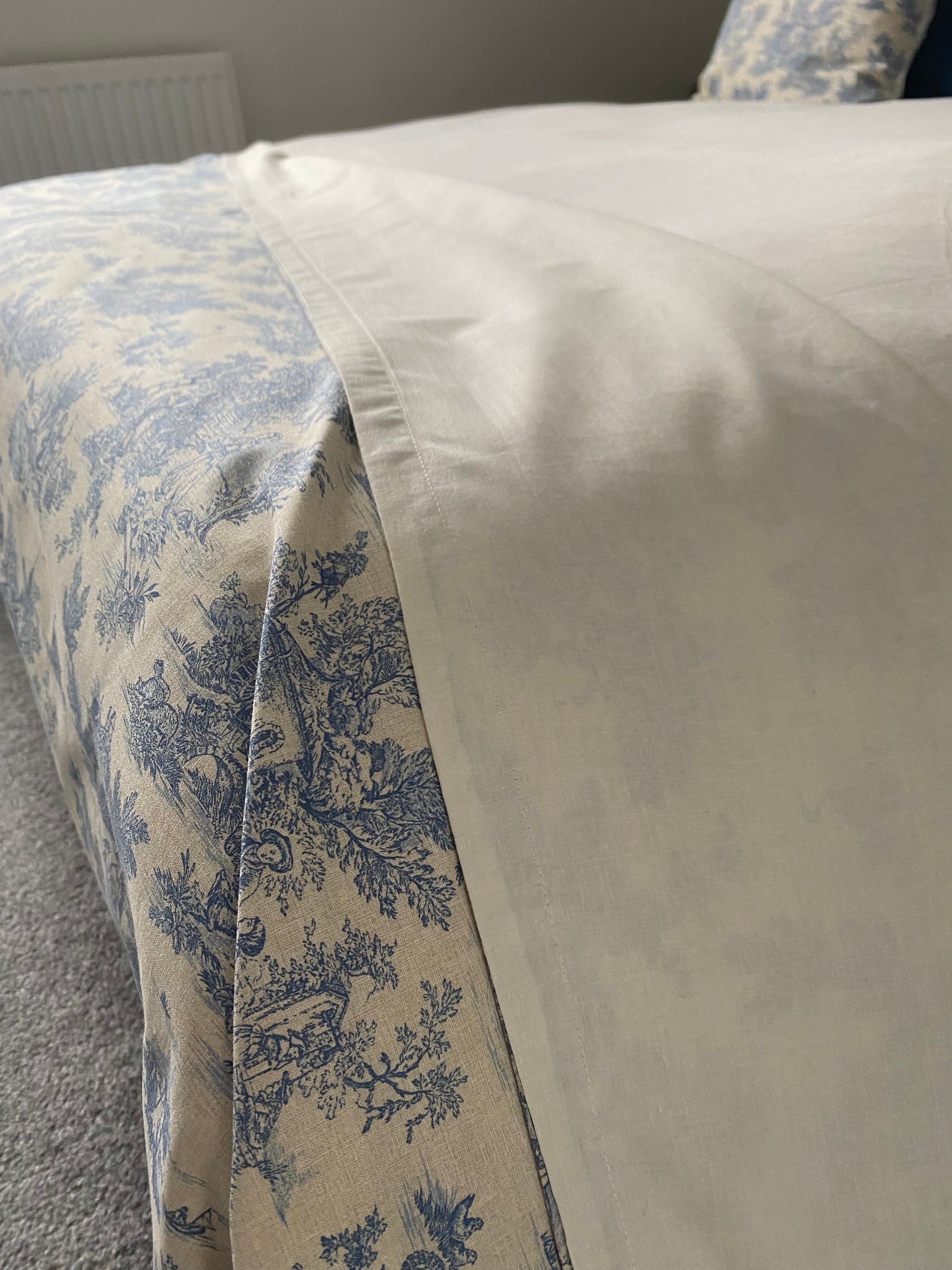 Blue toile throw, French vintage bedding, farmhouse bedscarf for a king bed