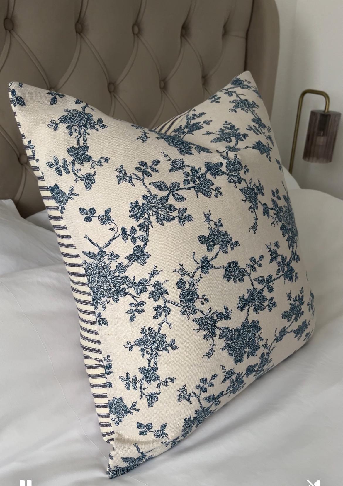 French Vintage Toile de Jouy Pillow Cover, Blue Roses Floral Cushion