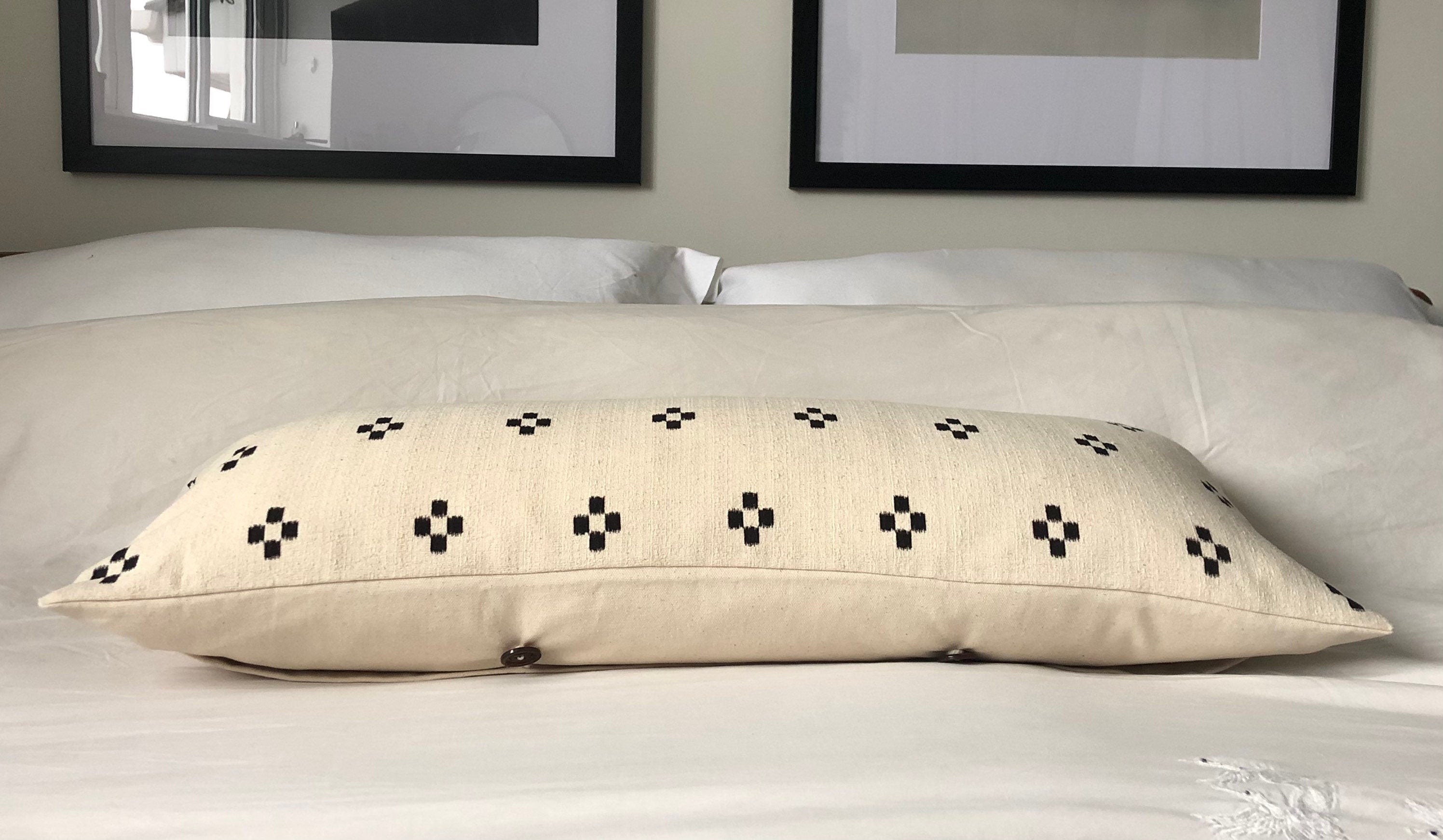 Black Patterned Bolster Pillow Cover, Extra Long Lumbar Cushion, Ivory Cotton