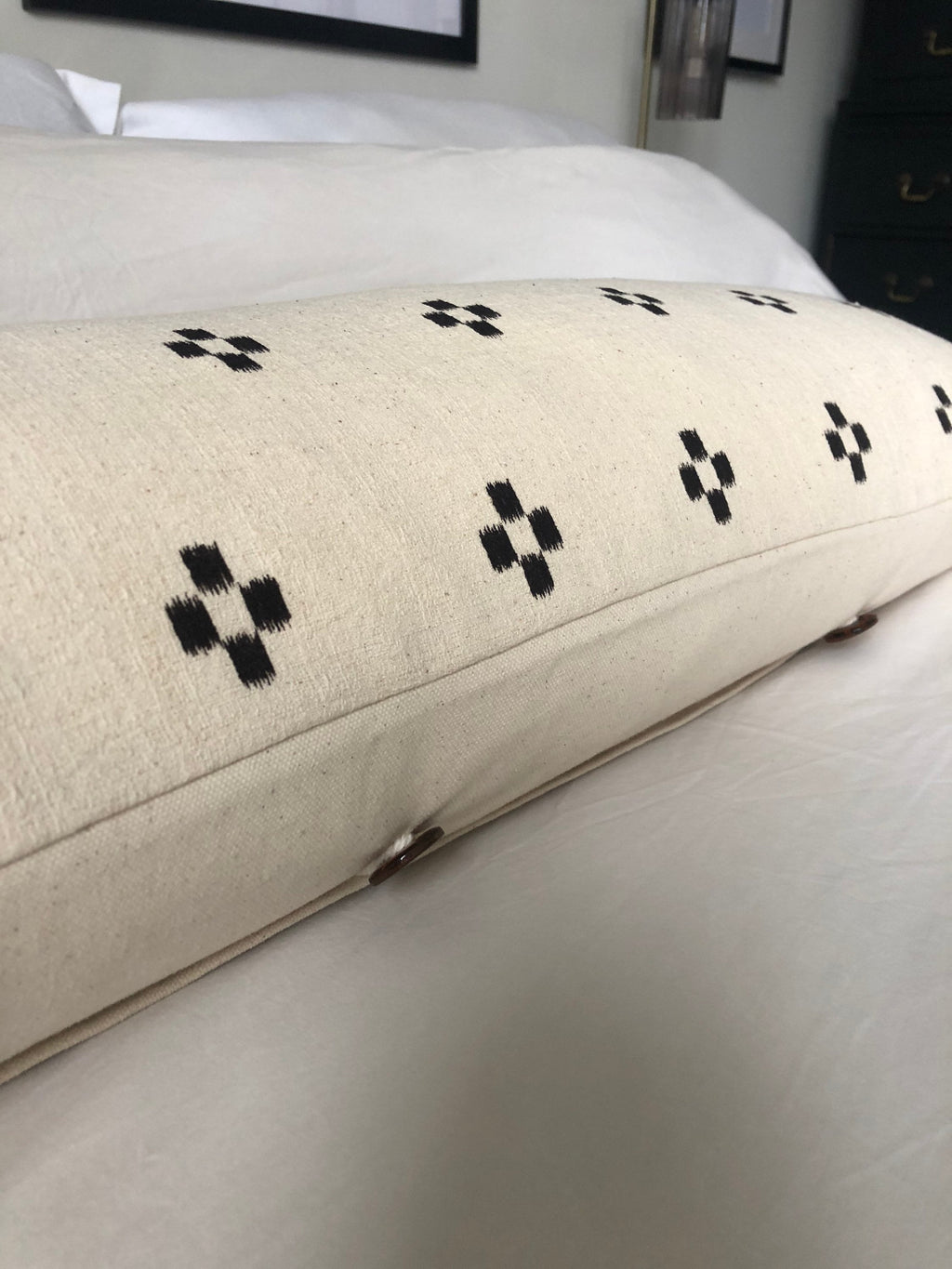 Black Patterned Bolster Pillow Cover, Extra Long Lumbar Cushion, Ivory Cotton