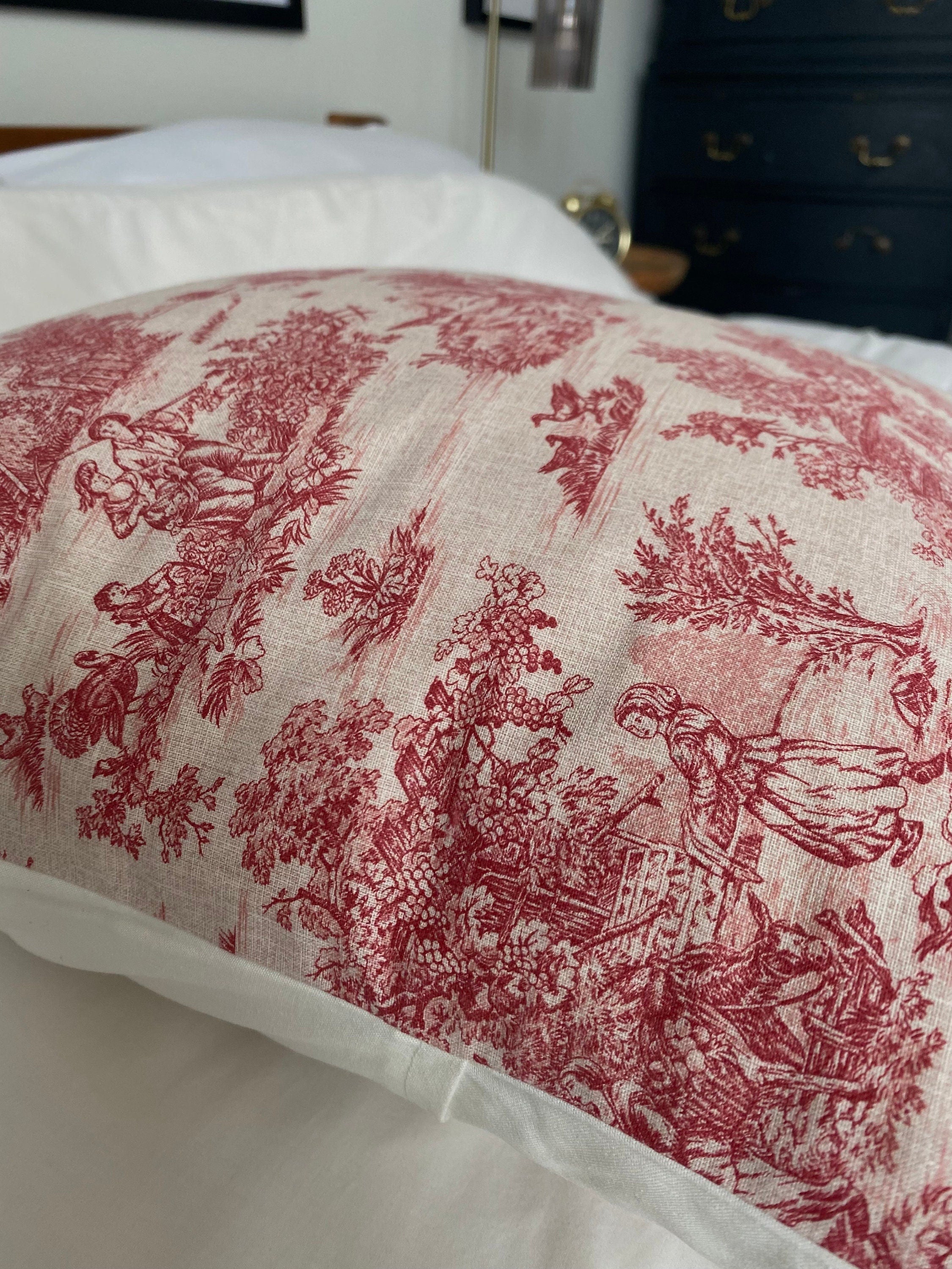 Toile de jouy french country pillow covers; red vintage cushions with an envelope reverse
