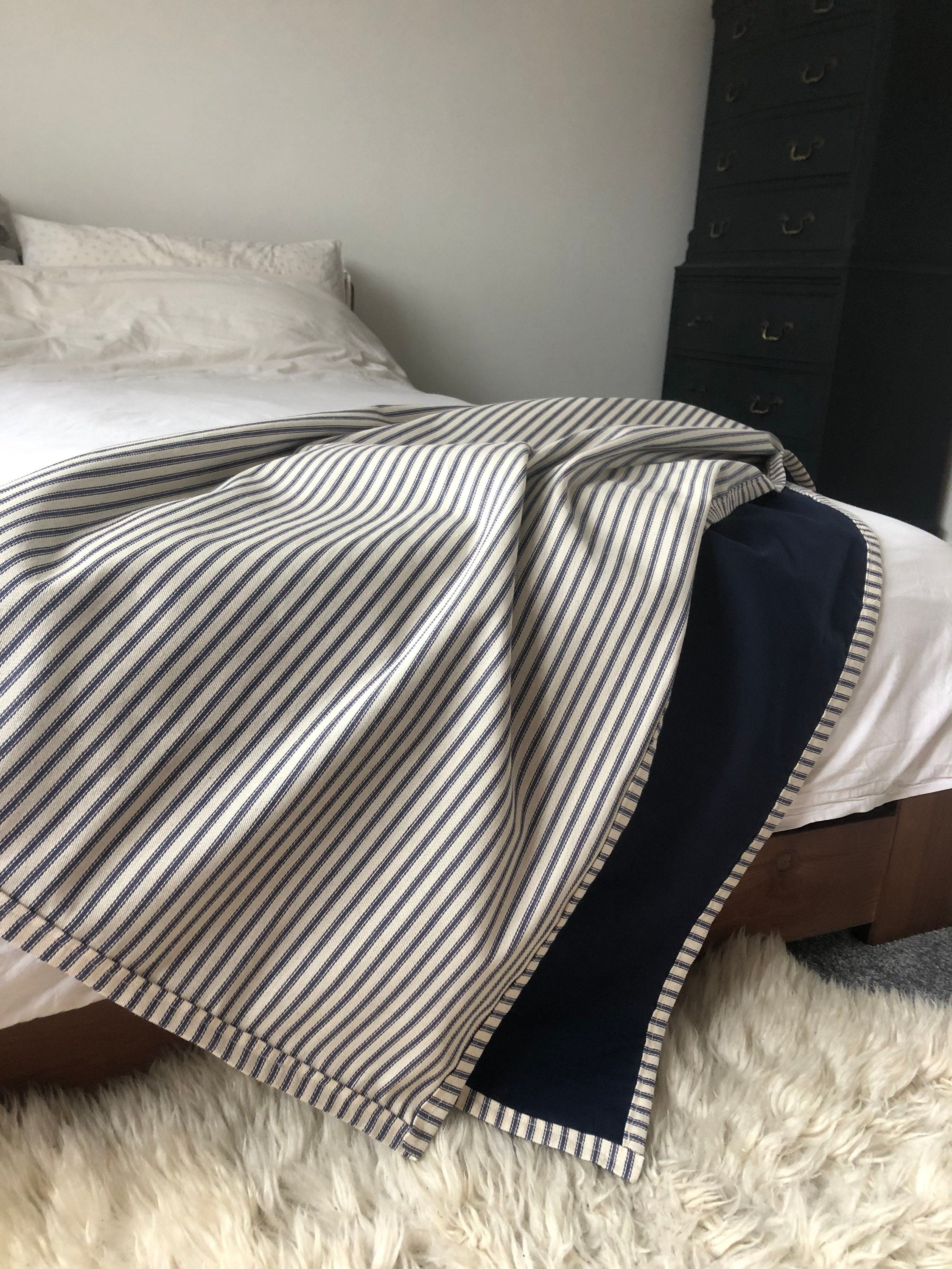 Navy Blue Ticking Stripe Throw Blanket – coastal home decor