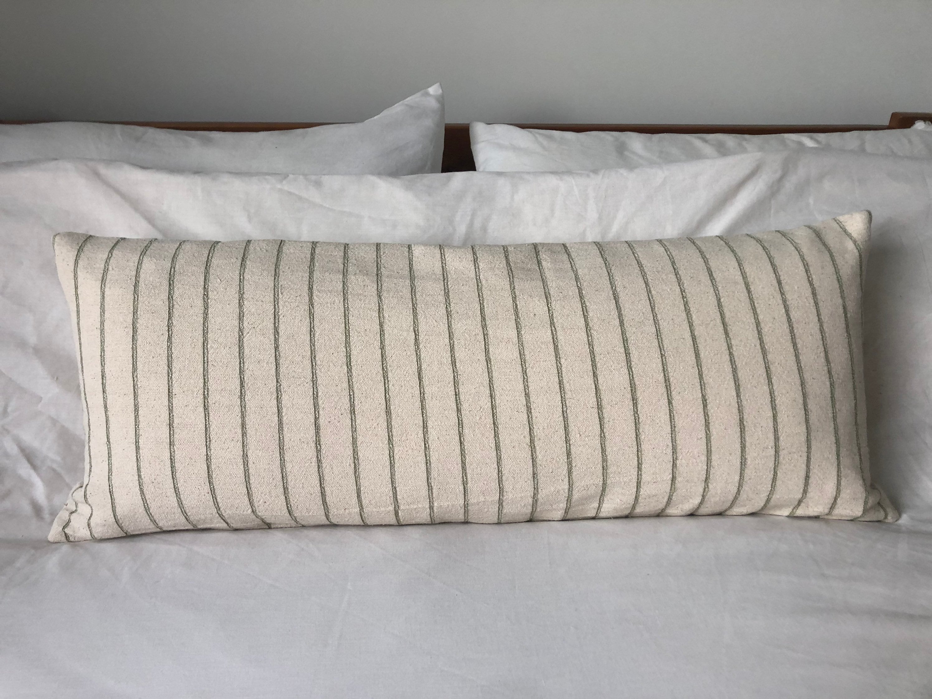 Sage Green Stripe long Bolster Cushion Cover, Bohemian Farmhouse Decor