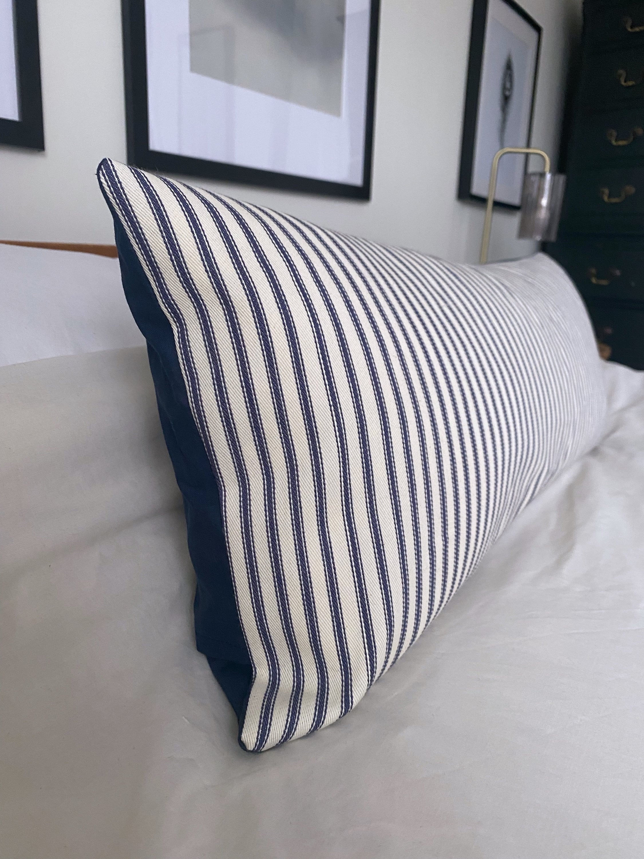 Blue striped lumbar pillow cover, coastal home decor