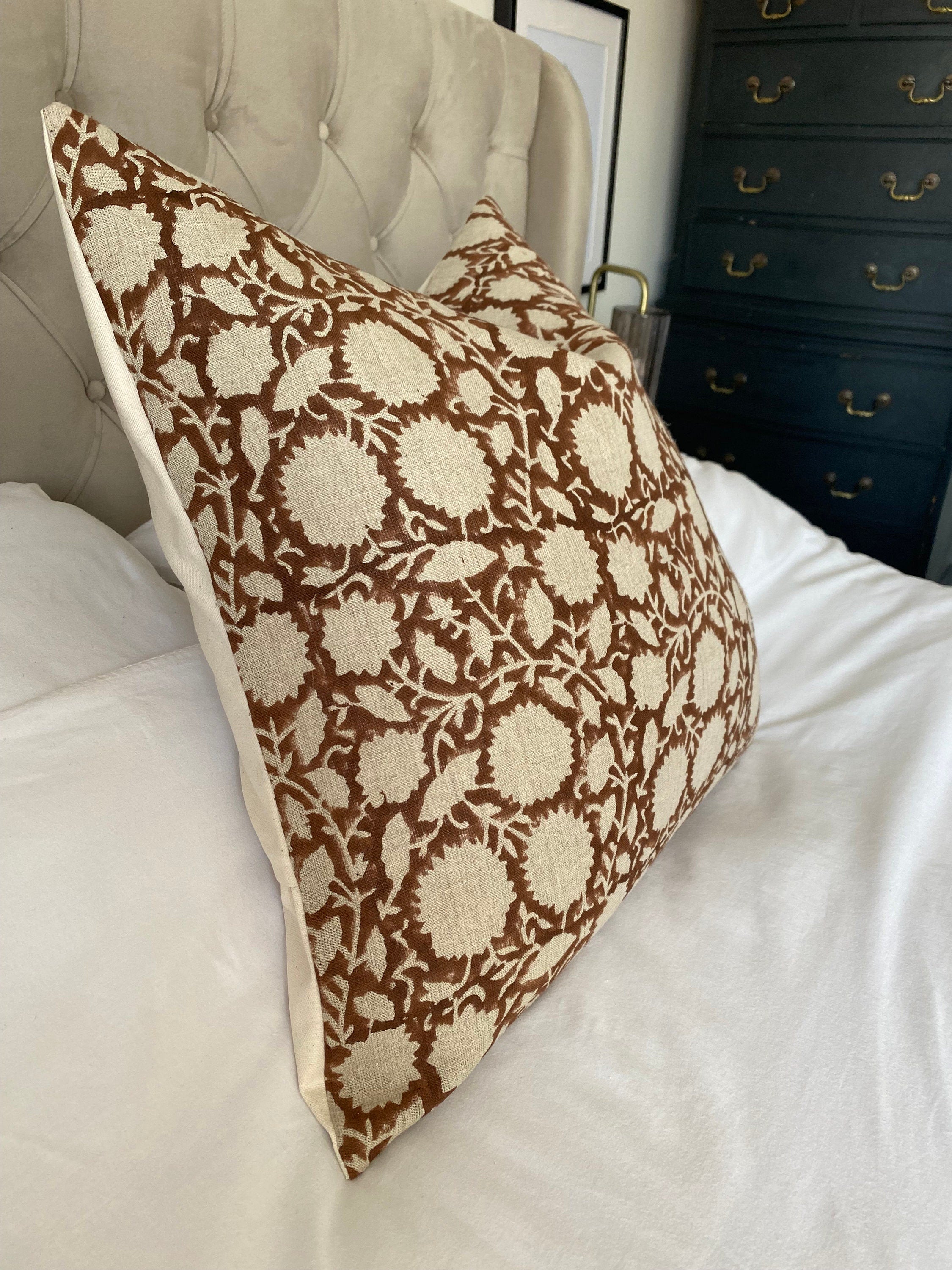 Brown block print pillow cover, neutral home decor, enveloper everse of organic cotton