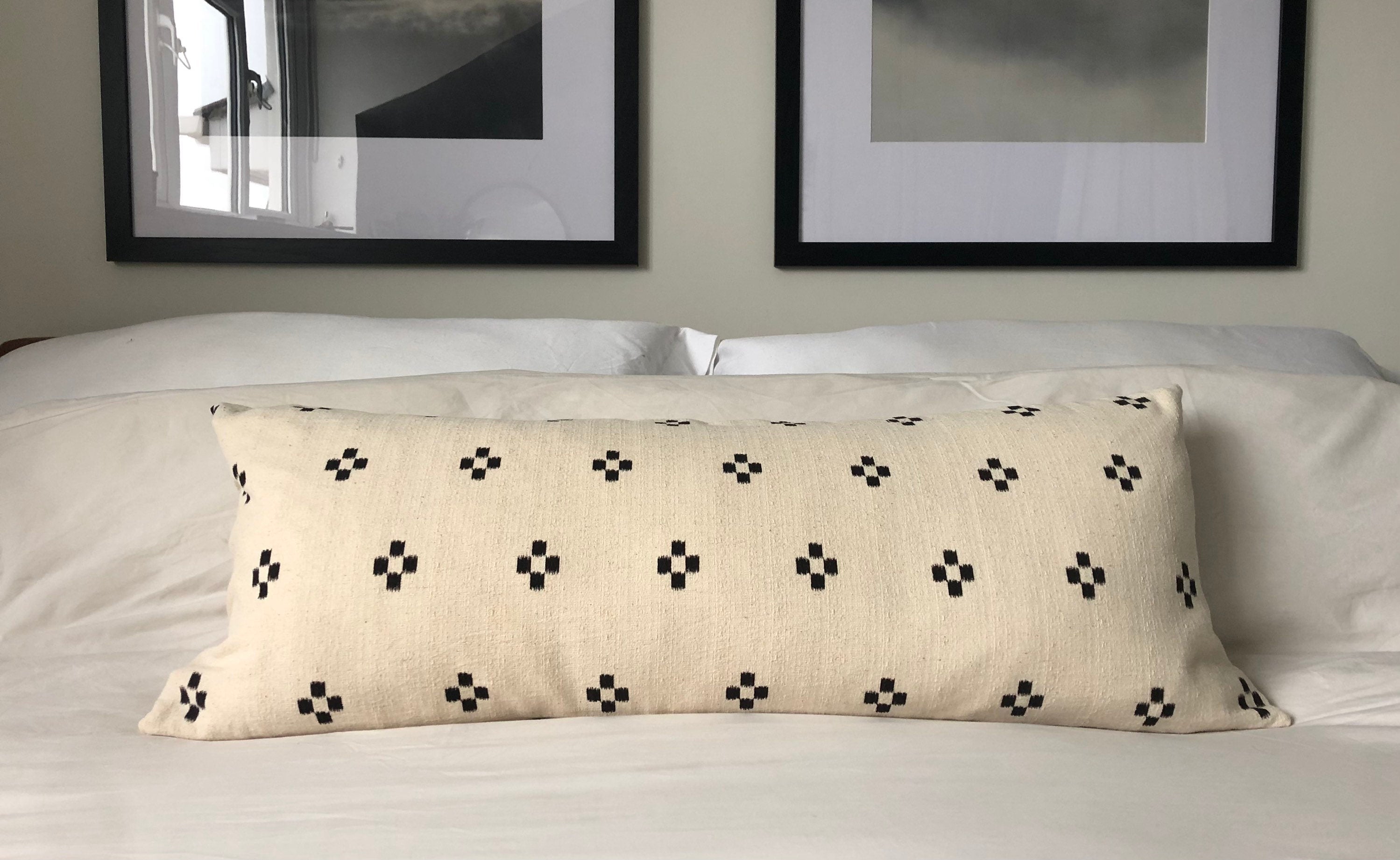 Black Patterned Bolster Pillow Cover, Extra Long Lumbar Cushion, Ivory Cotton