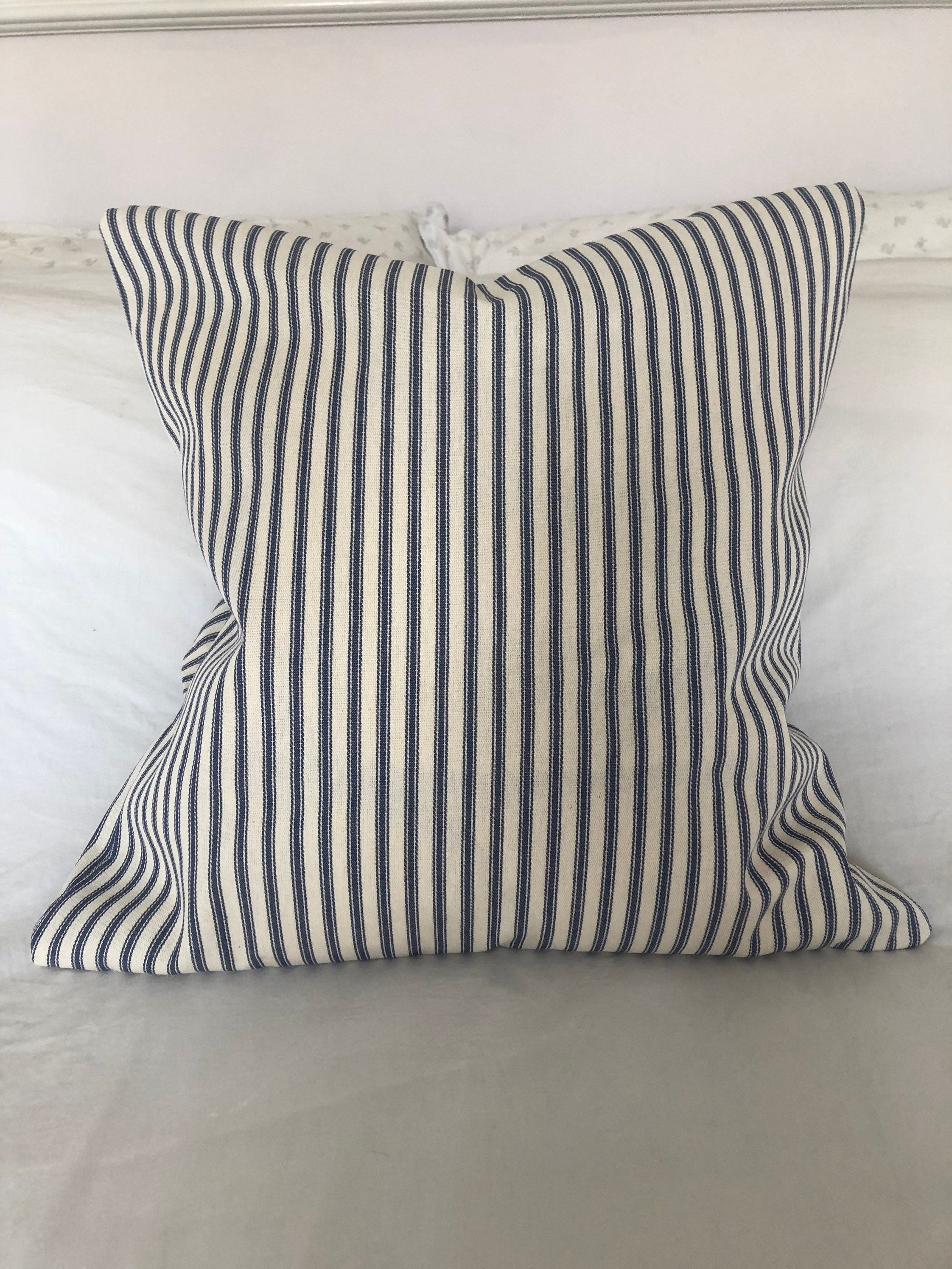 Nautical Stripe Pillow Cover, Blue Ticking Cushion, French Vintage Decor