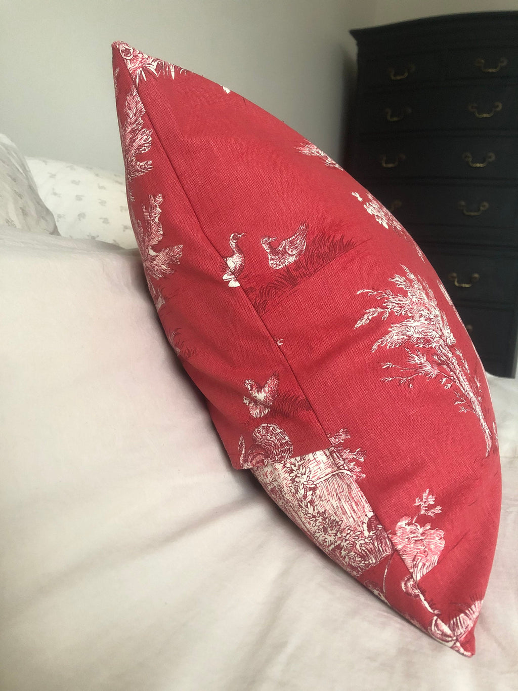 Red Toile de Jouy Pillow Cover, French Country Farmhouse Decor