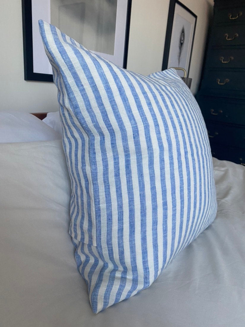 Striped blue throw pillow cover, stripe ticking linen cushion, french ticking throw