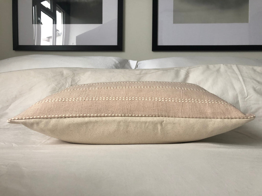 Blush Pink Bolster Pillow Cover, Neutral Stripe Organic Cotton Lumbar Cushion