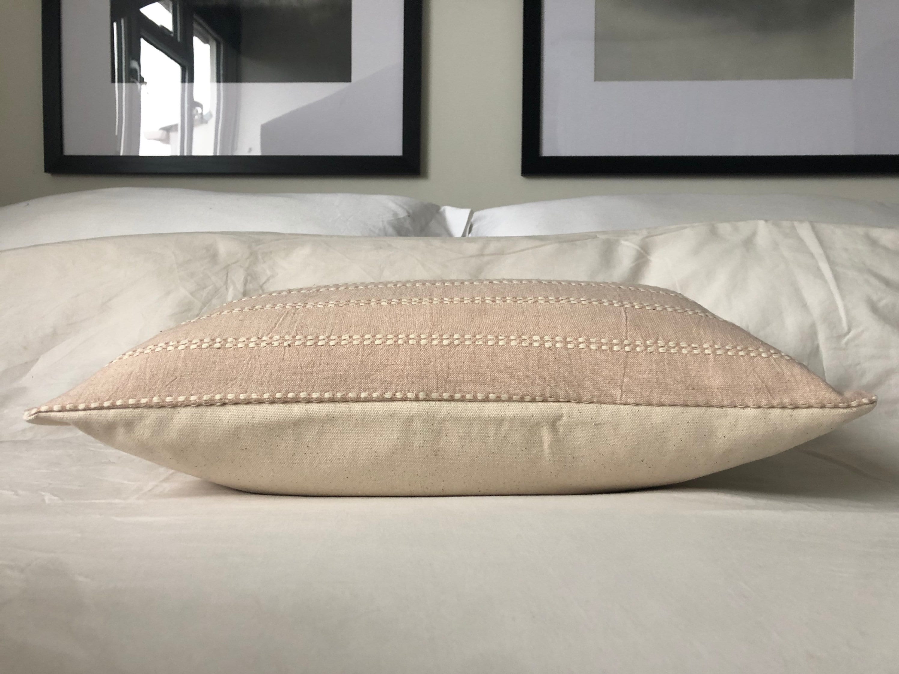 Blush Pink Bolster Pillow Cover, Neutral Stripe Organic Cotton Lumbar Cushion
