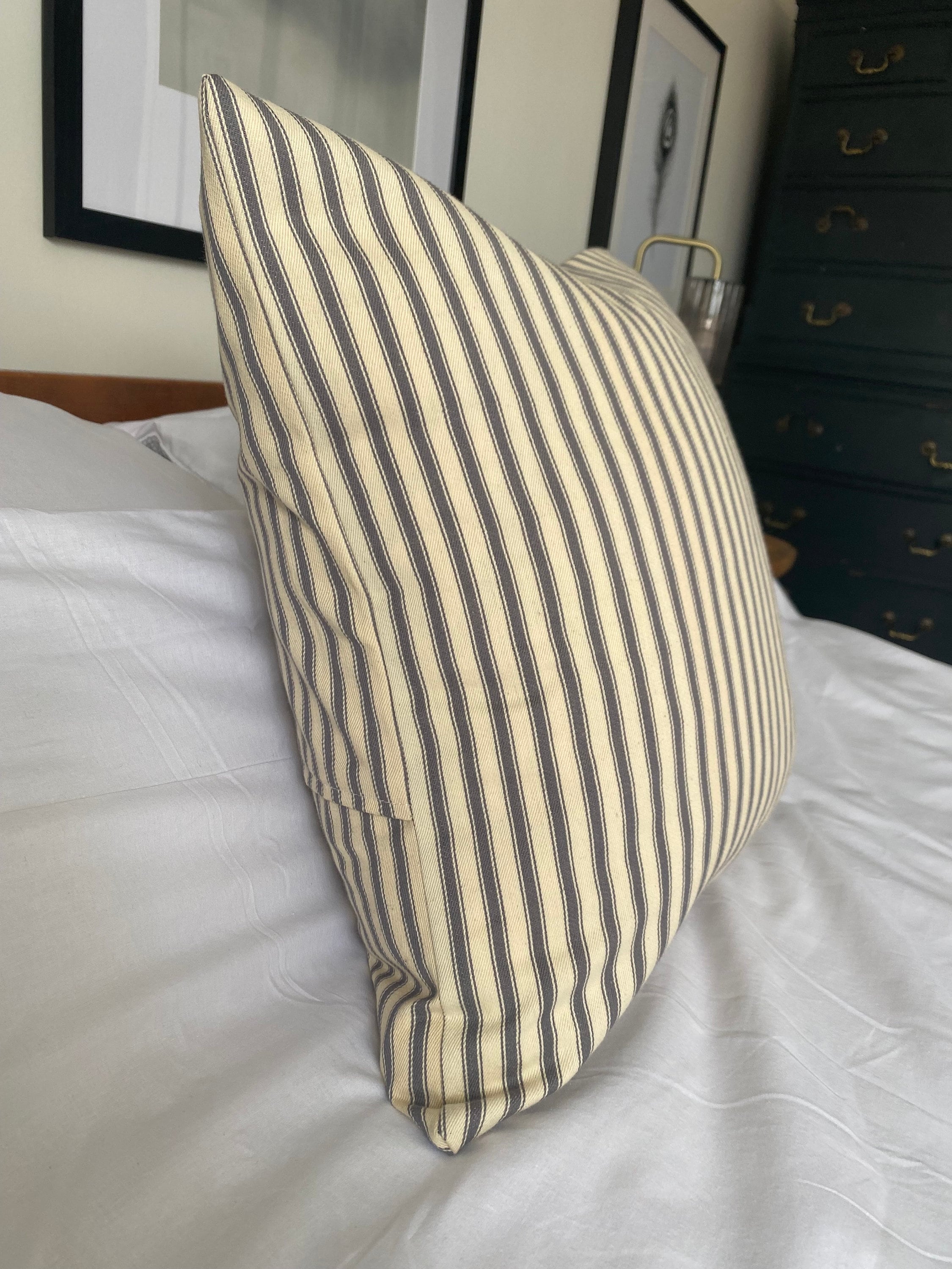 Grey Stripe Ticking Pillow Cover, French Country Farmhouse Cushion