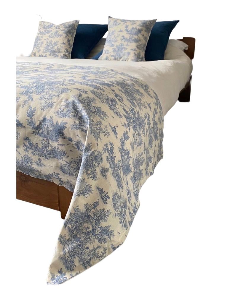 Blue toile throw, French vintage bedding, farmhouse bedscarf for a king bed