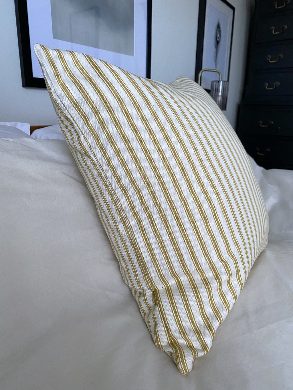 Ochra yellow pillow cover, stripe ticking cushion cover